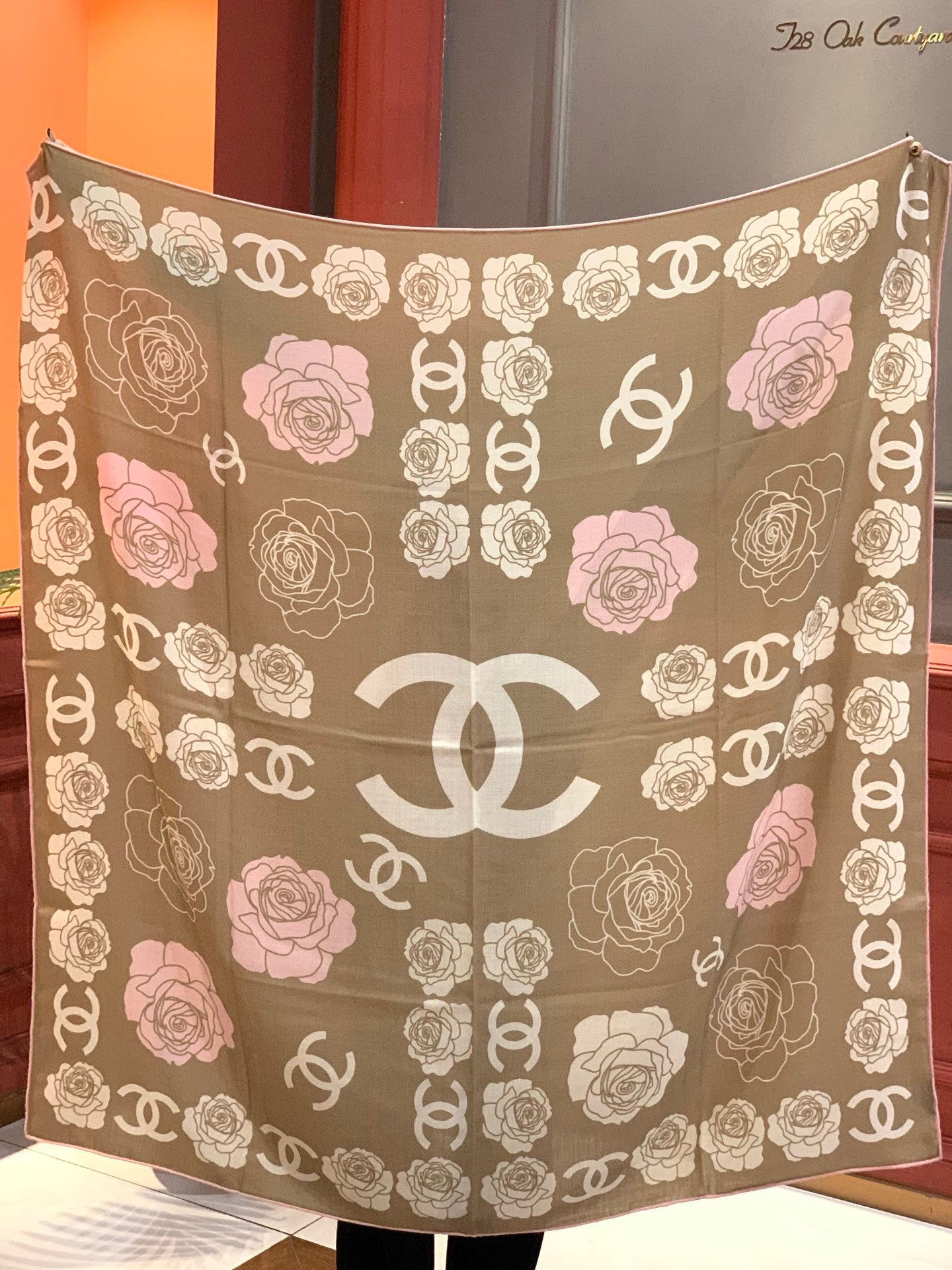 CC Camellia Scarf 140cm Beige Colorful Cashmere Silk 168123