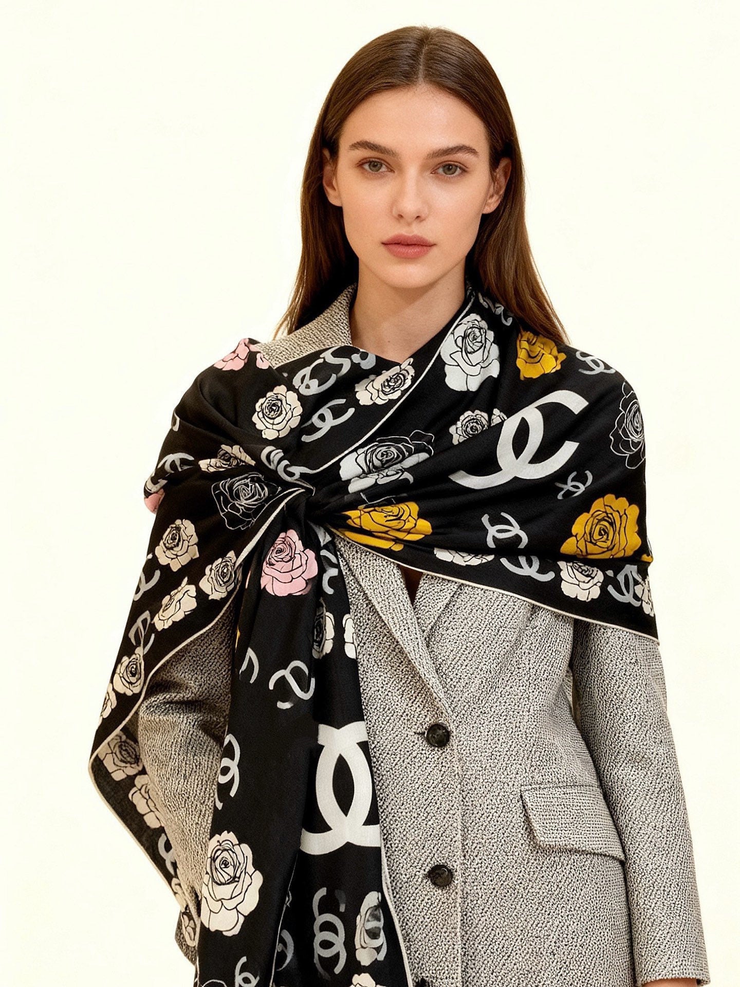 CC Camellia Scarf 140cm Black Colorful Cashmere Silk 168124