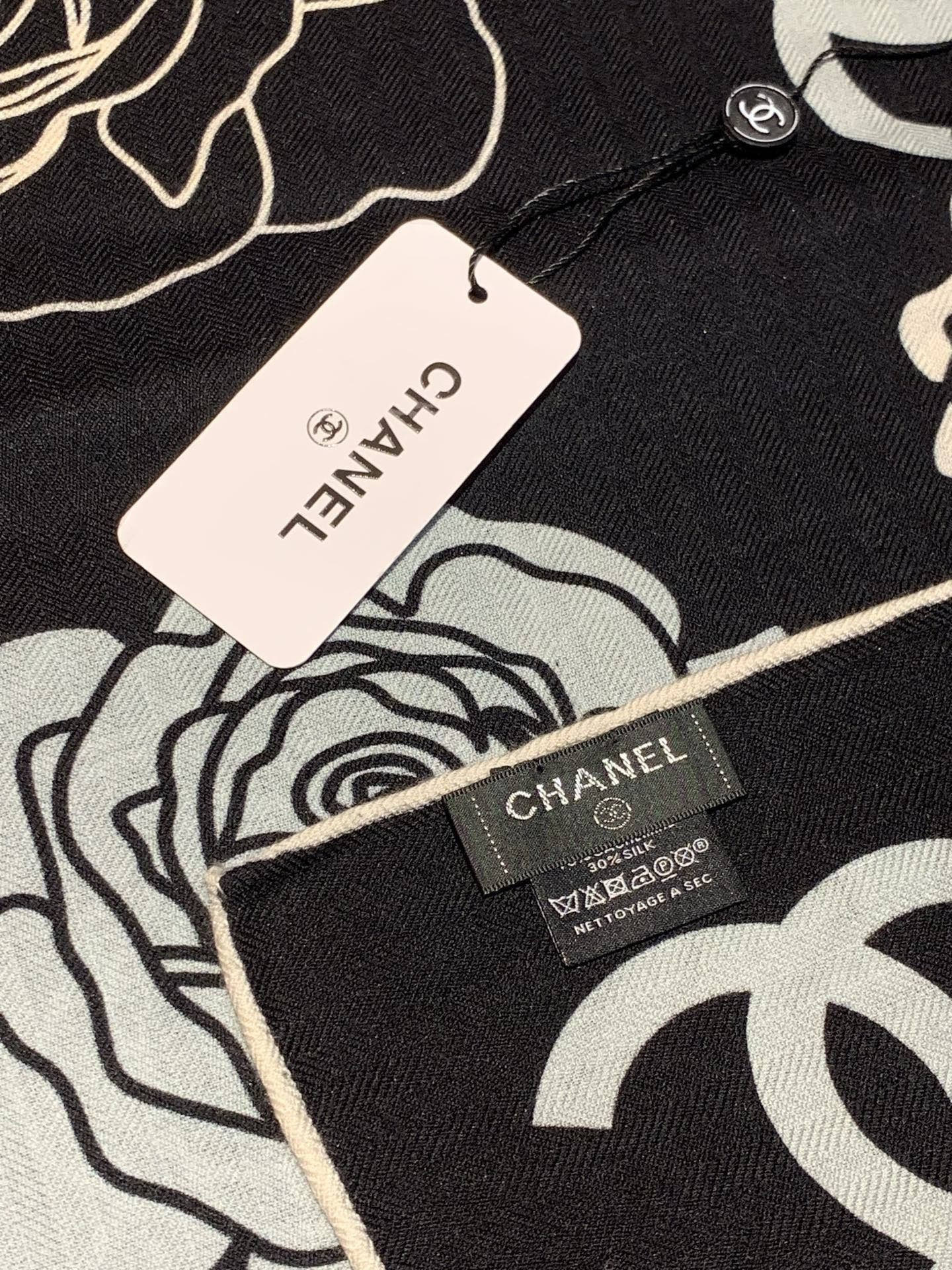 CC Camellia Scarf 140cm Black Colorful Cashmere Silk 168124