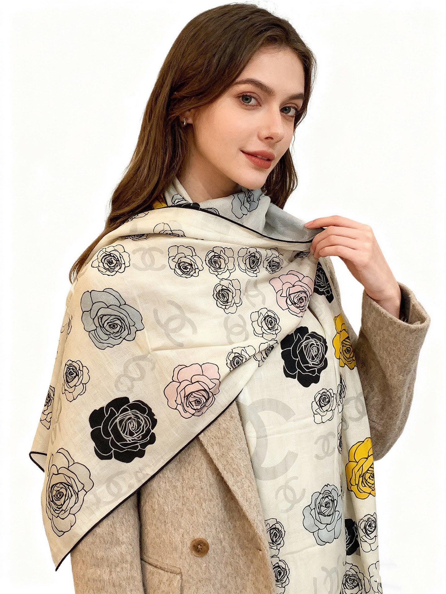 CC Camellia Scarf 140cm Ivory Colorful Cashmere Silk 168128