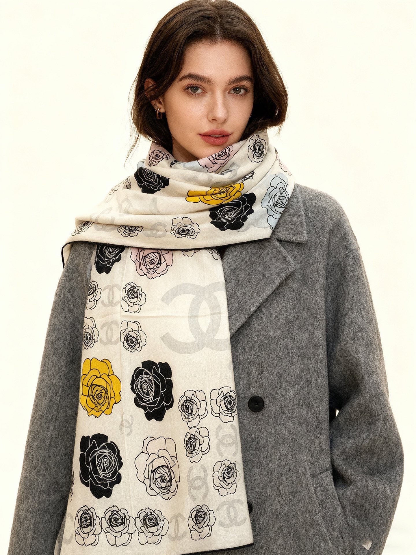 CC Camellia Scarf 140cm Ivory Colorful Cashmere Silk 168128