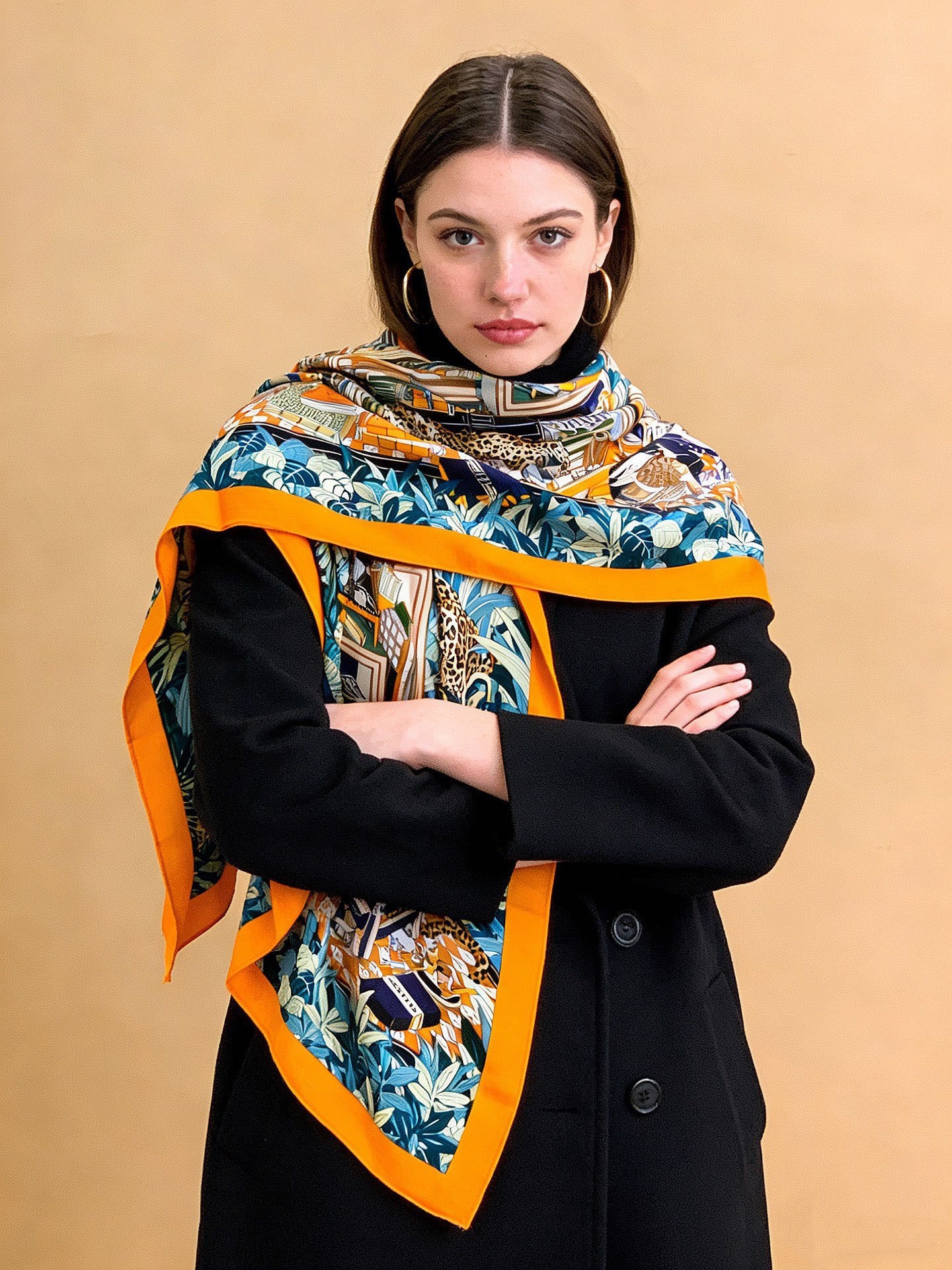 Les Douze Leopards Scarf 140cm Orange Colorful Cashmere Silk 168128