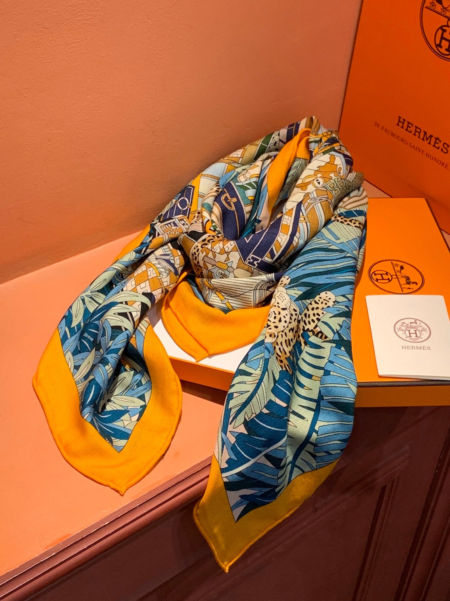 Les Douze Leopards Scarf 140cm Orange Colorful Cashmere Silk 168128