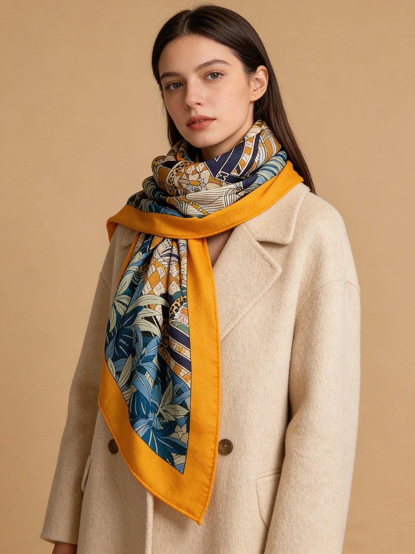 Les Douze Leopards Scarf 140cm Orange Colorful Cashmere Silk 168128