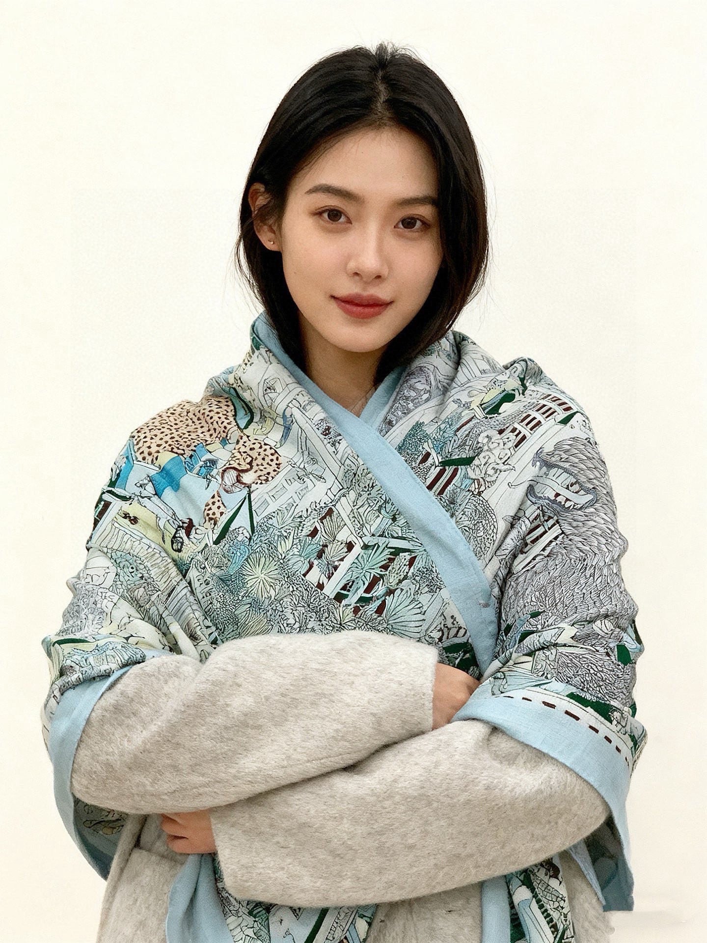 Animapolis Scarf 140cm Light Blue Colorful Cashmere Silk 168138