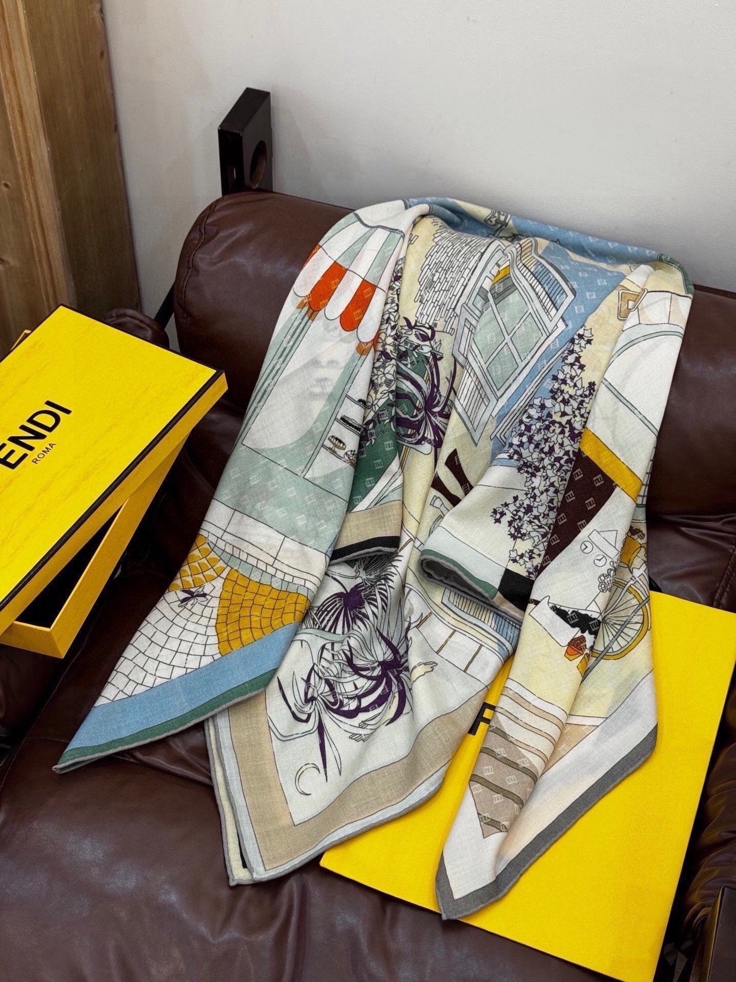 Fendi Walking Around Rome Scarf 140x140 Cashmere Silk 328843