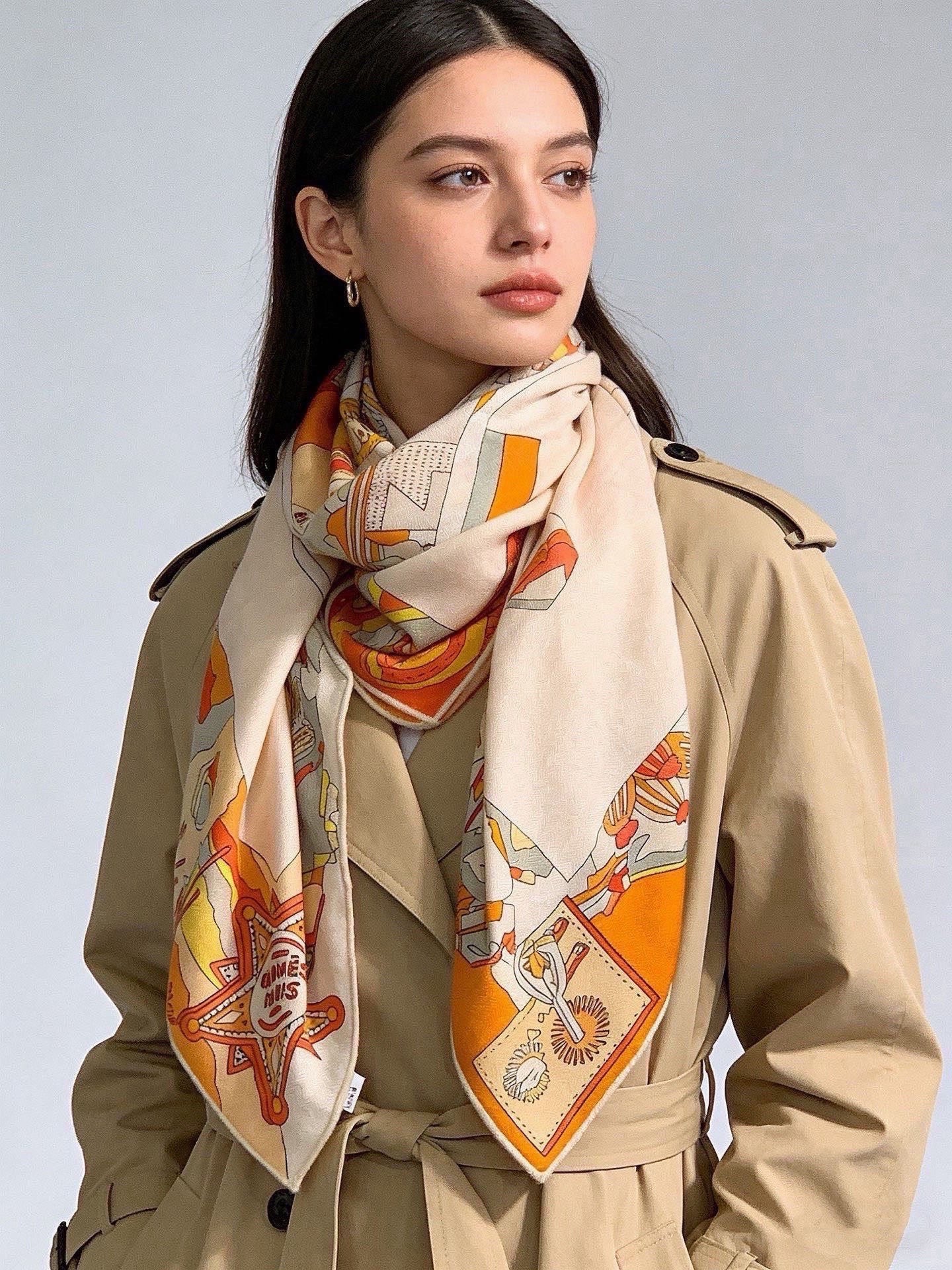 HM Bottes Story Scarf 140x140 Orange Cashmere Silk 328852