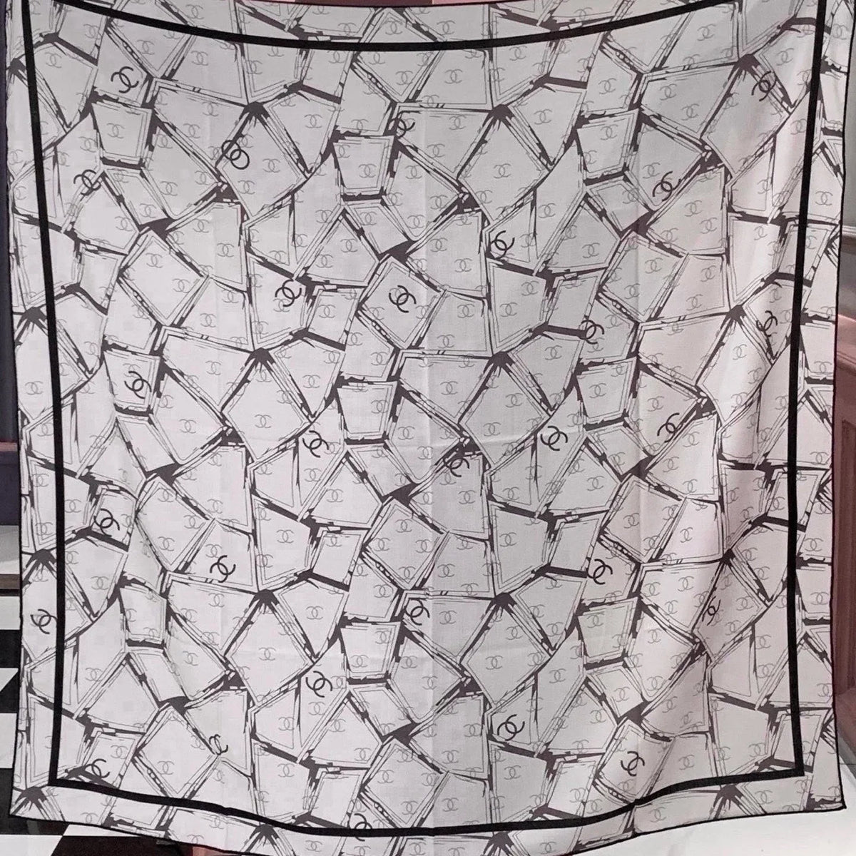 Chanel 2026 Geometric Scarf 135cm Black White Silk And Cashmere 214969