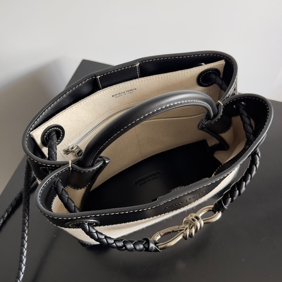 BV Small Andiamo 25 In Beige Canvas Black Calfskin 209015