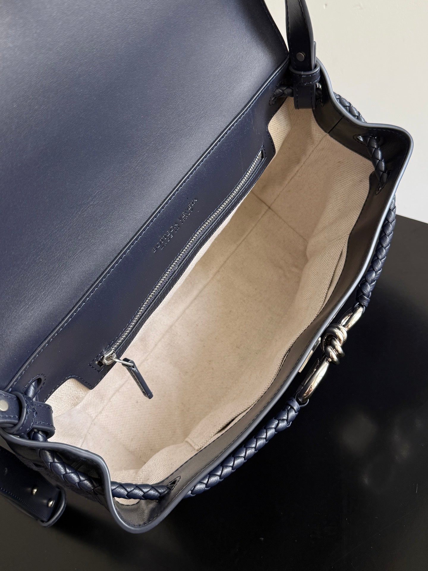 BV Small Andiamo Messenger Bag 29s Dark Blue Suede Intrecciato Leather