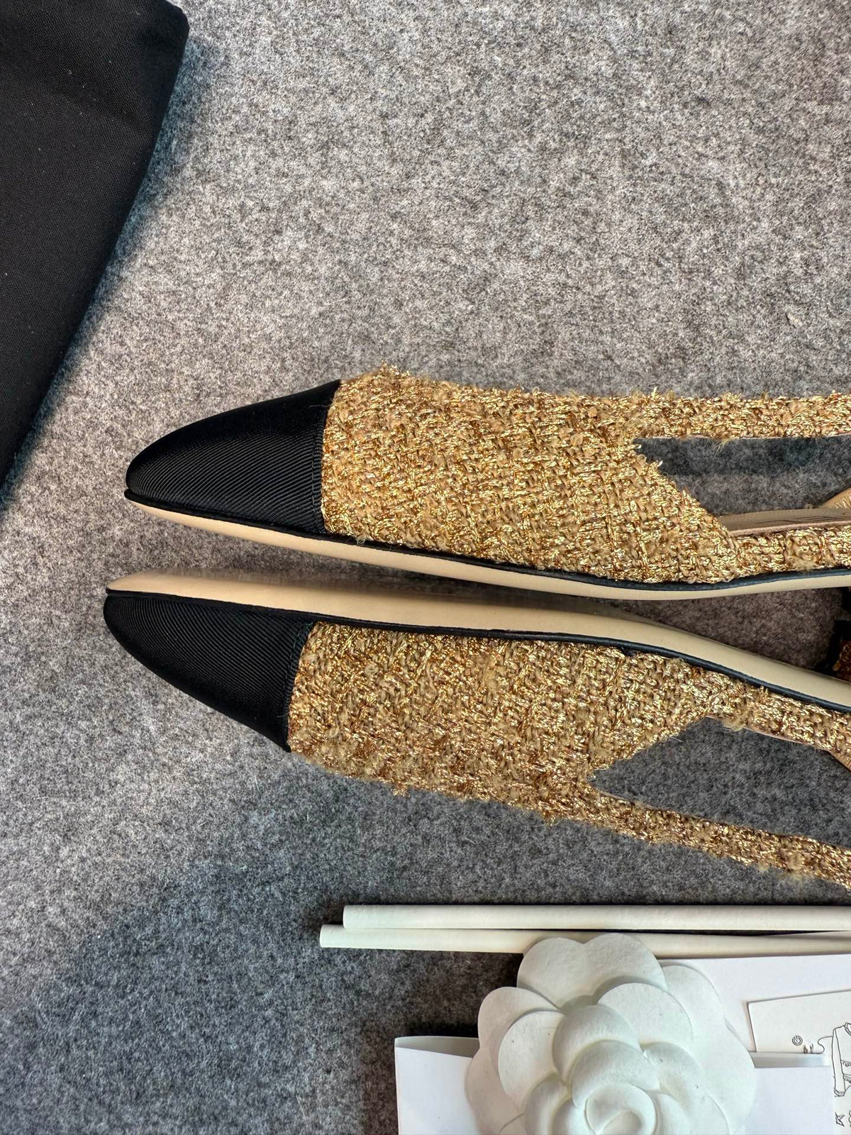 CC 26S Slingback Flats 2cm Gold Black Tweed 118951