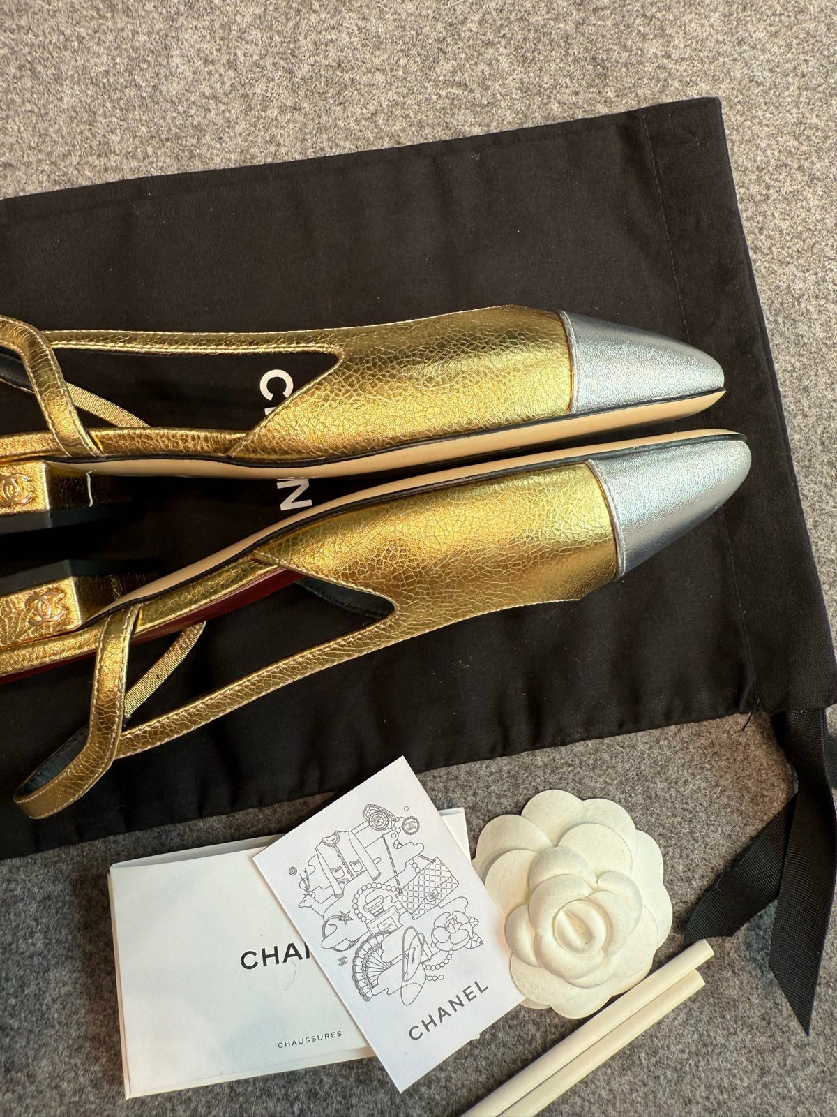CC 26s Slingback Flats 2cm Gold Silver Metallic Leather 118962