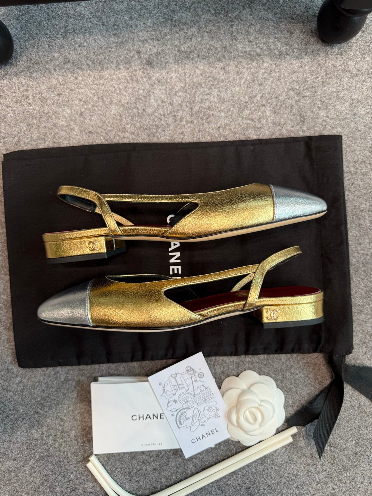CC 26s Slingback Flats 2cm Gold Silver Metallic Leather 118962