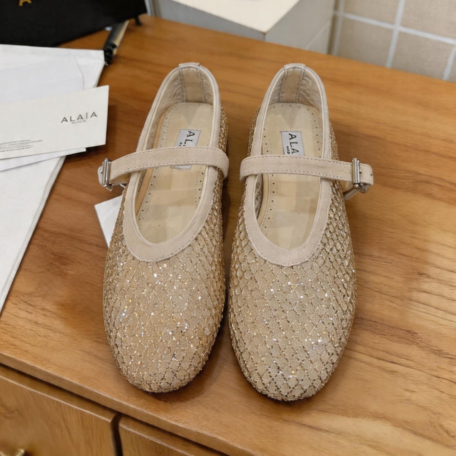 Alaia 26s Fishnet Ballet Flat Light Khaki Mesh 935644