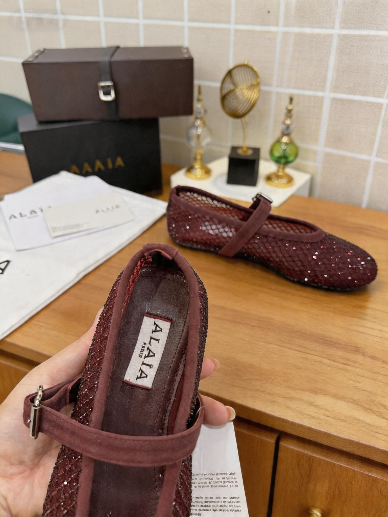 Alaia 26s Fishnet Ballet Flat Burgundy Mesh 935645