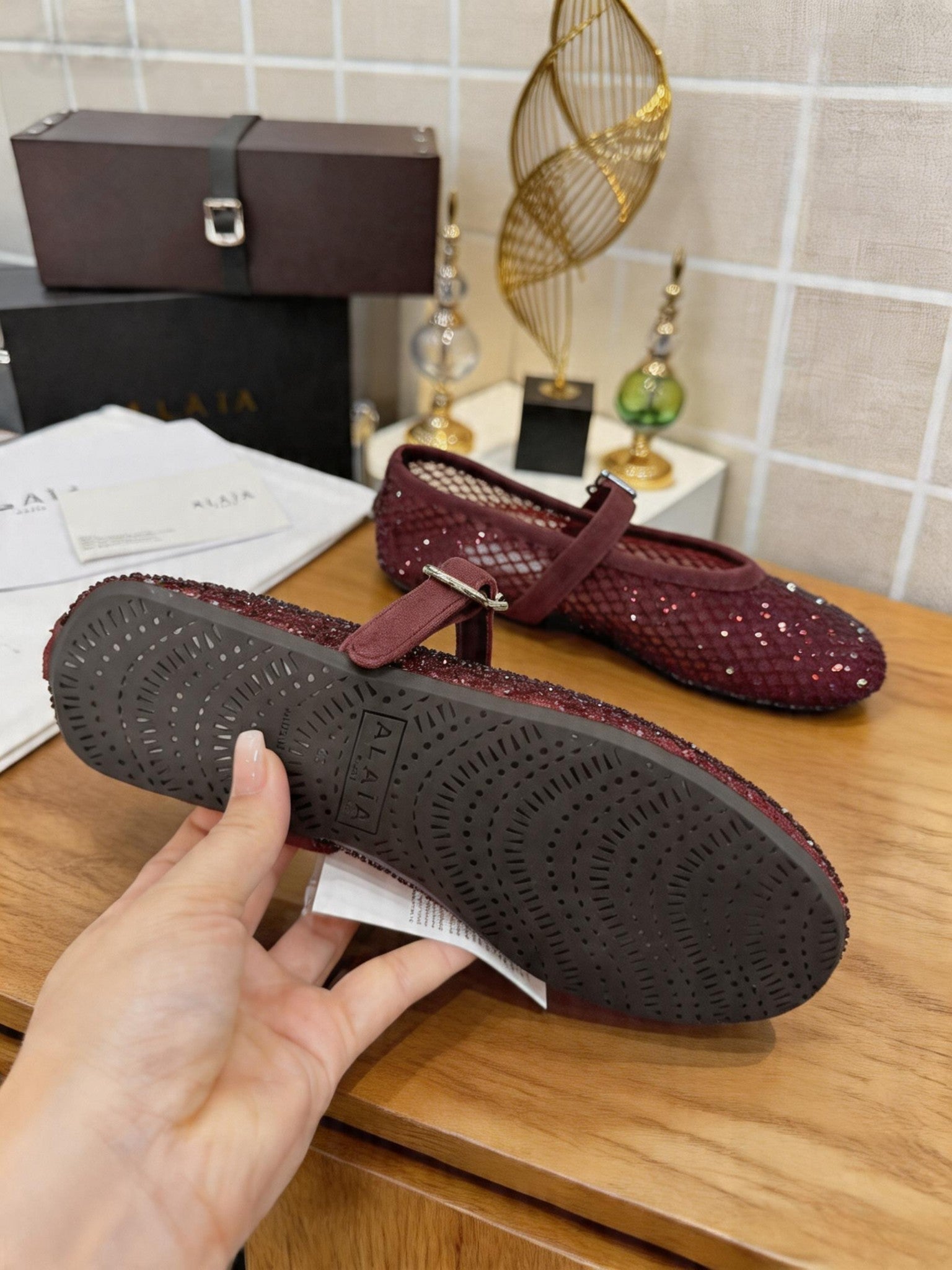 Alaia 26s Fishnet Ballet Flat Burgundy Mesh 935645