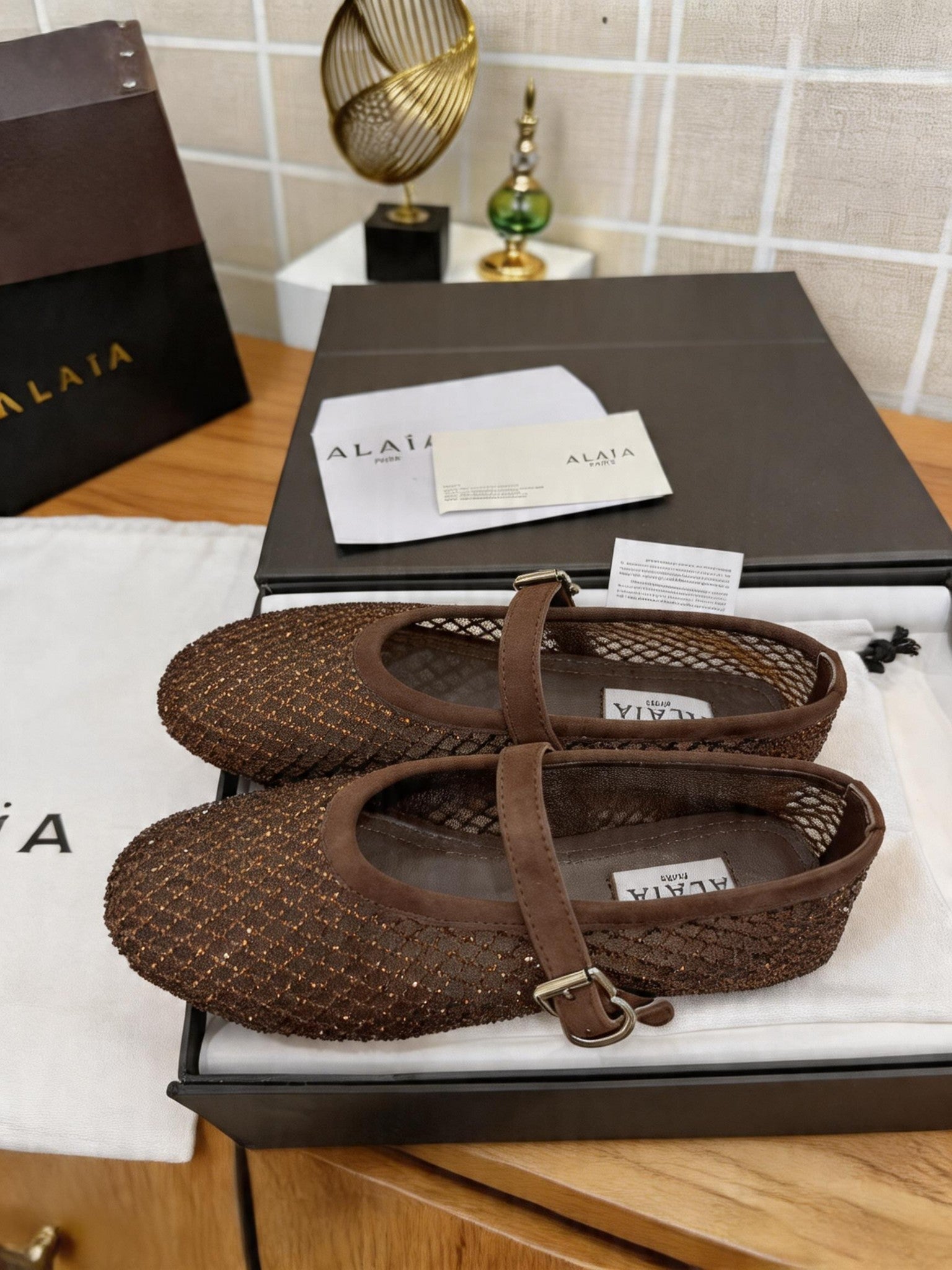Alaia 26s Fishnet Ballet Flat Brown Mesh 935646