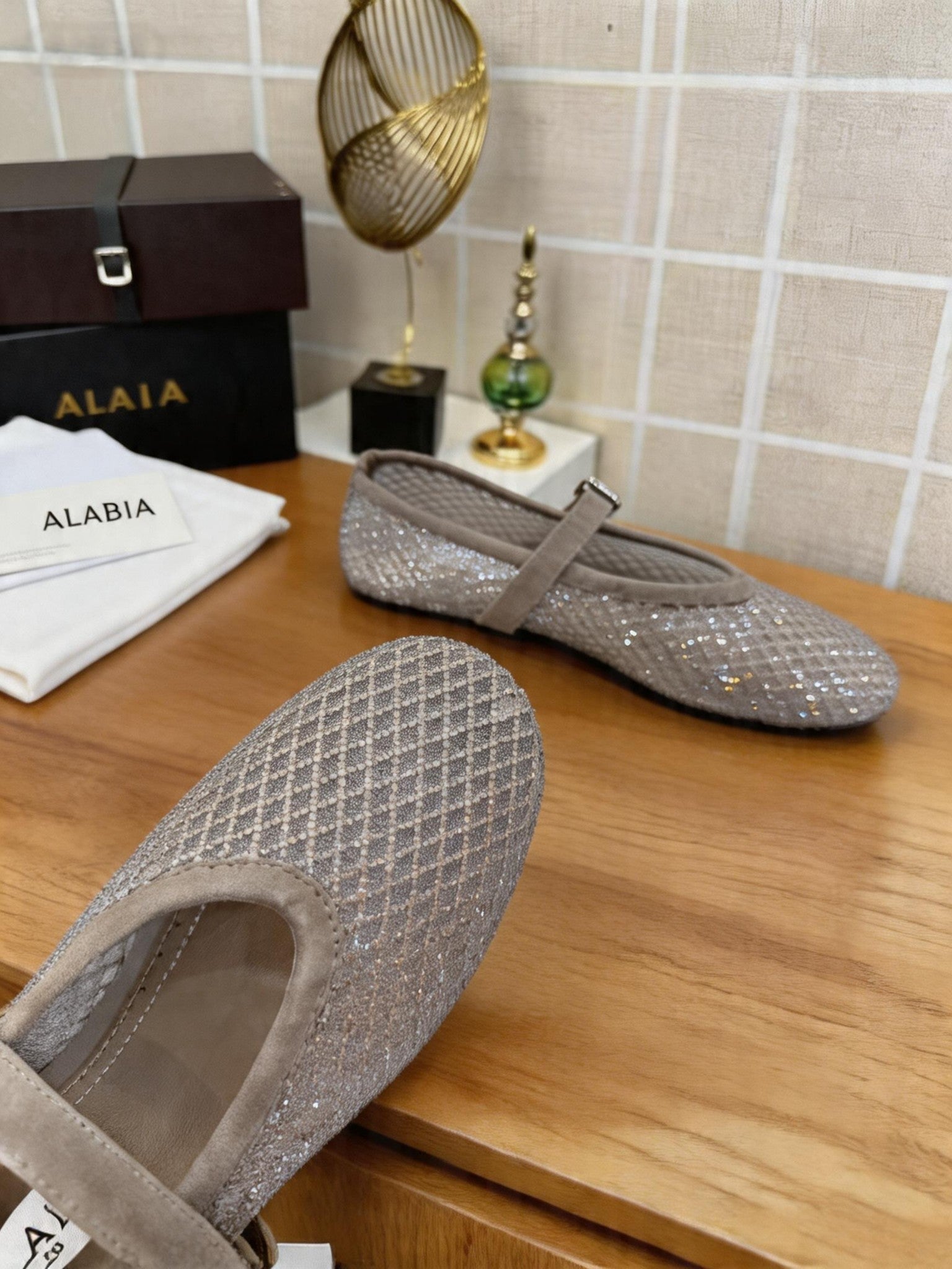 Alaia 26s Fishnet Ballet Flat Taupe Mesh 935647