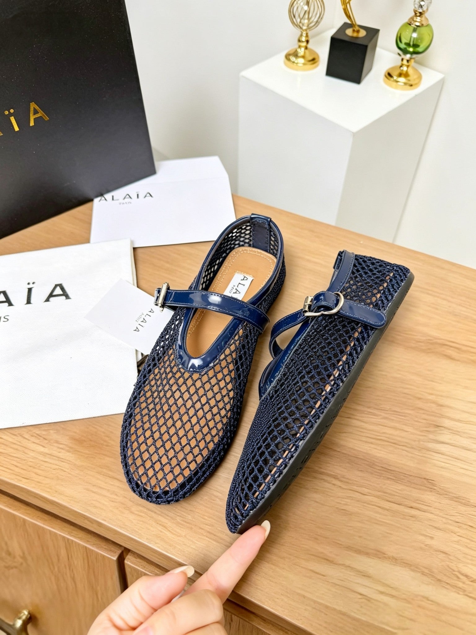 Alaia 26s Fishnet Ballet Flat Navy Blue Mesh 935641
