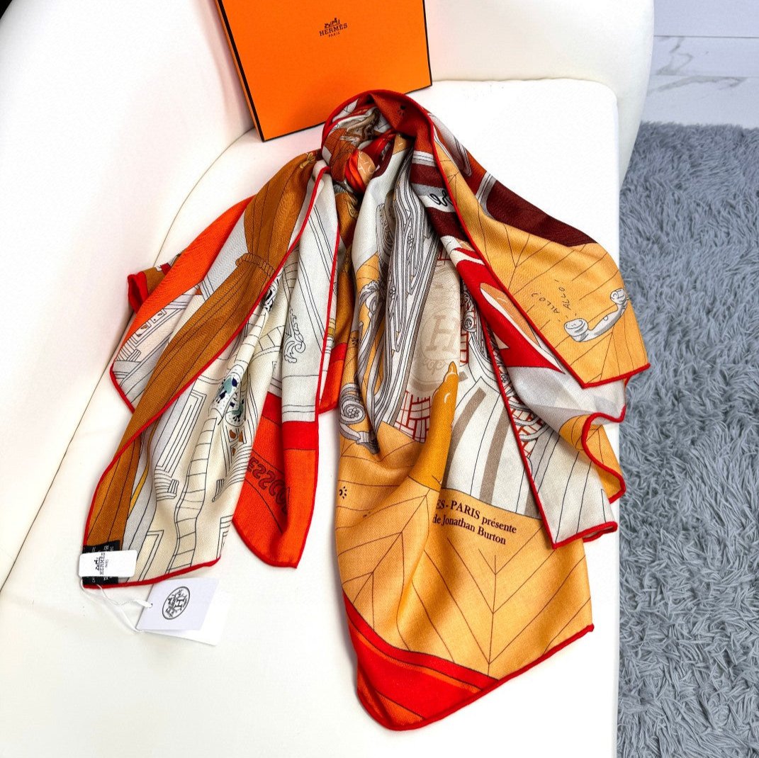Square scarf 135 CM Yellow Orange Colorful Cashmere And Silk
