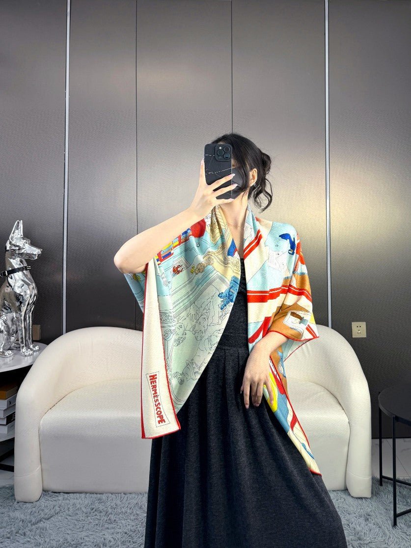 Square scarf 135 CM Light Jade Blue Colorful Cashmere And Silk