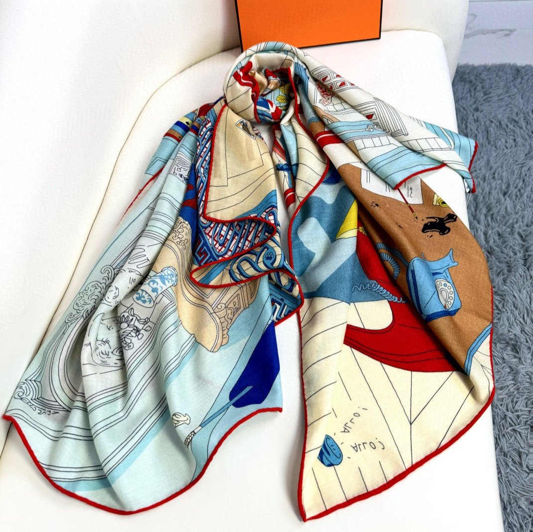 Square scarf 135 CM Light Jade Blue Colorful Cashmere And Silk