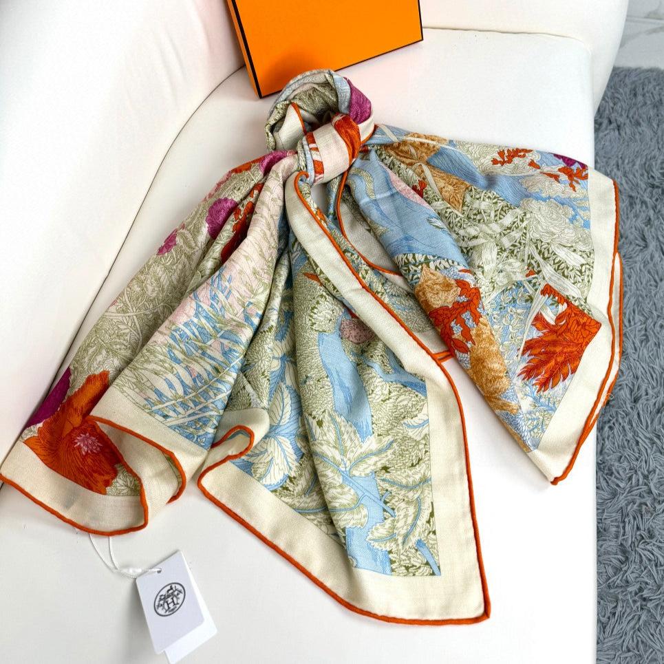 Square Scarf 135CM In Light Blue Colorful Cashmere And Silk