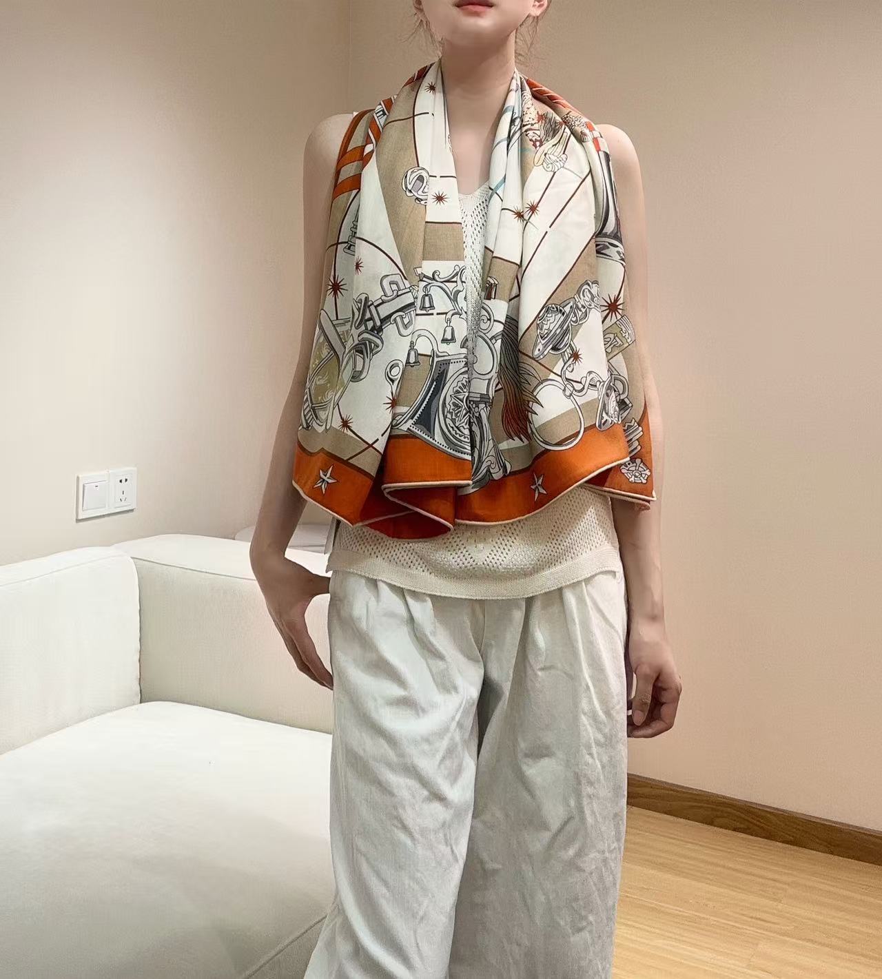 HM Creative Origins Scarf 135CM Orange White Cashmere Silk 969436