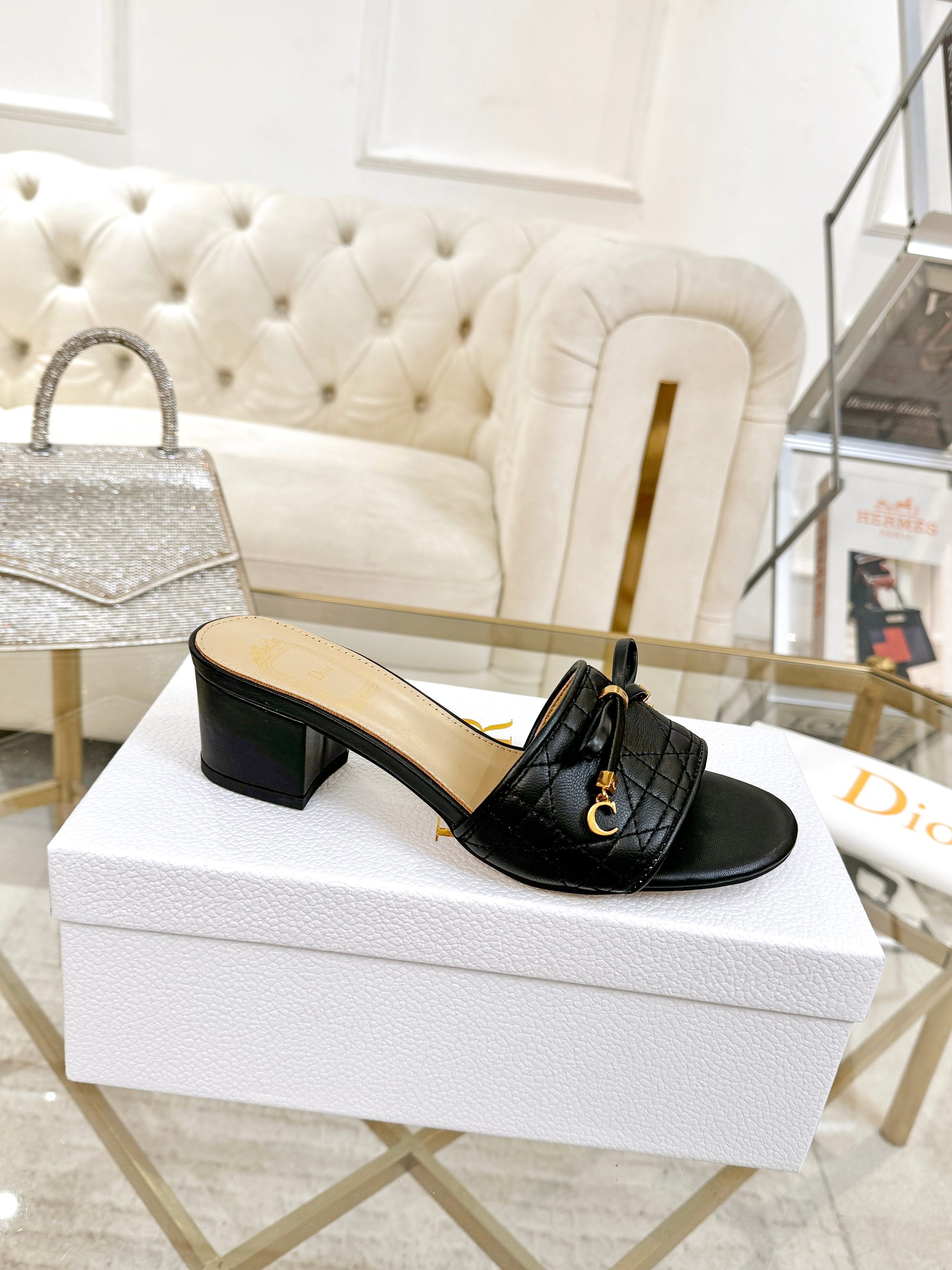 CD Cannage Heeled Slide 3.5cm Black Quilted Lambskin 668031