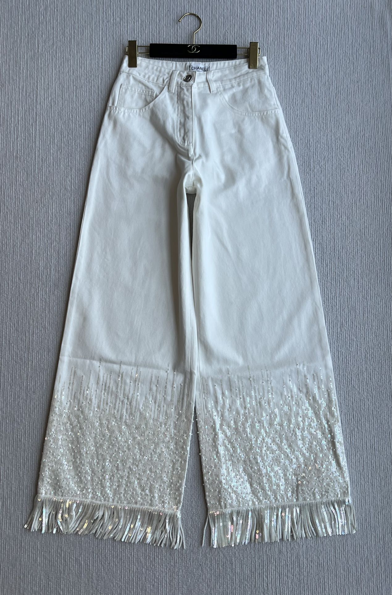 CC 25SS Wide-Leg Pants Beaded Tassel White Denim 277238