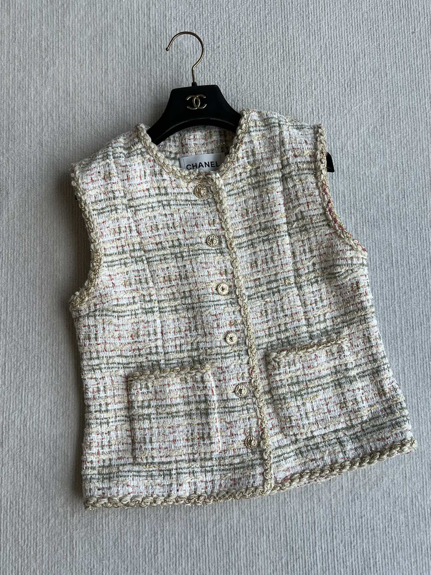 CC 25A Classic Round Collar Vest Jacket In Light Orange Pink Tweed 277181