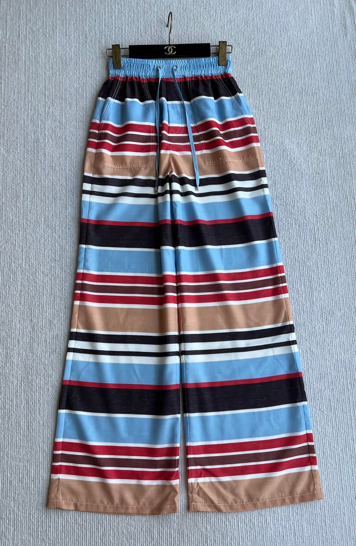 CC 26s Resort Elastic-Waisted Pants Striped Red Brown Blue Cotton Polyester 405112