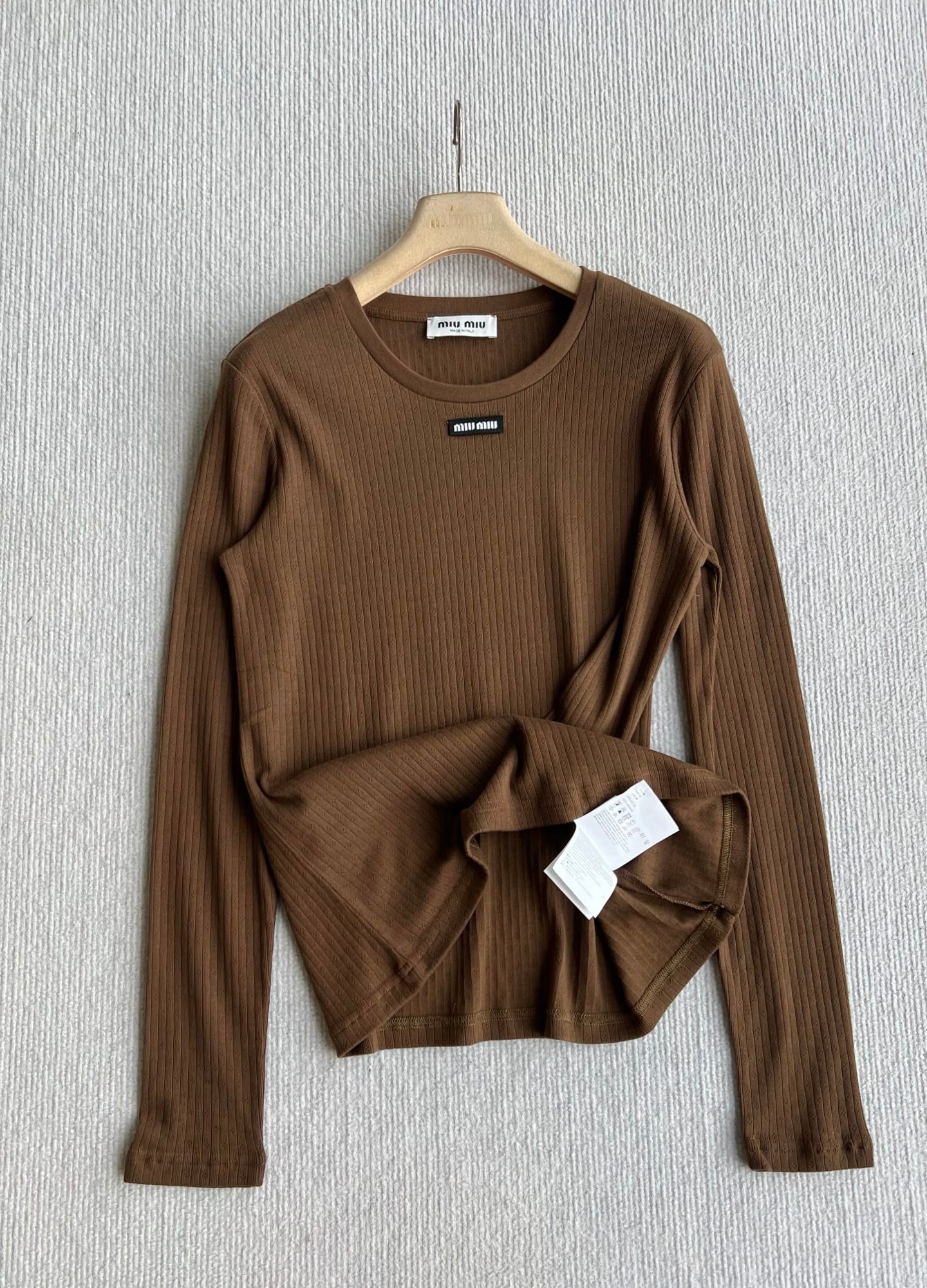 Miu 26s Jacquard Long-sleeved T-shirt Coffee Cotton 412323