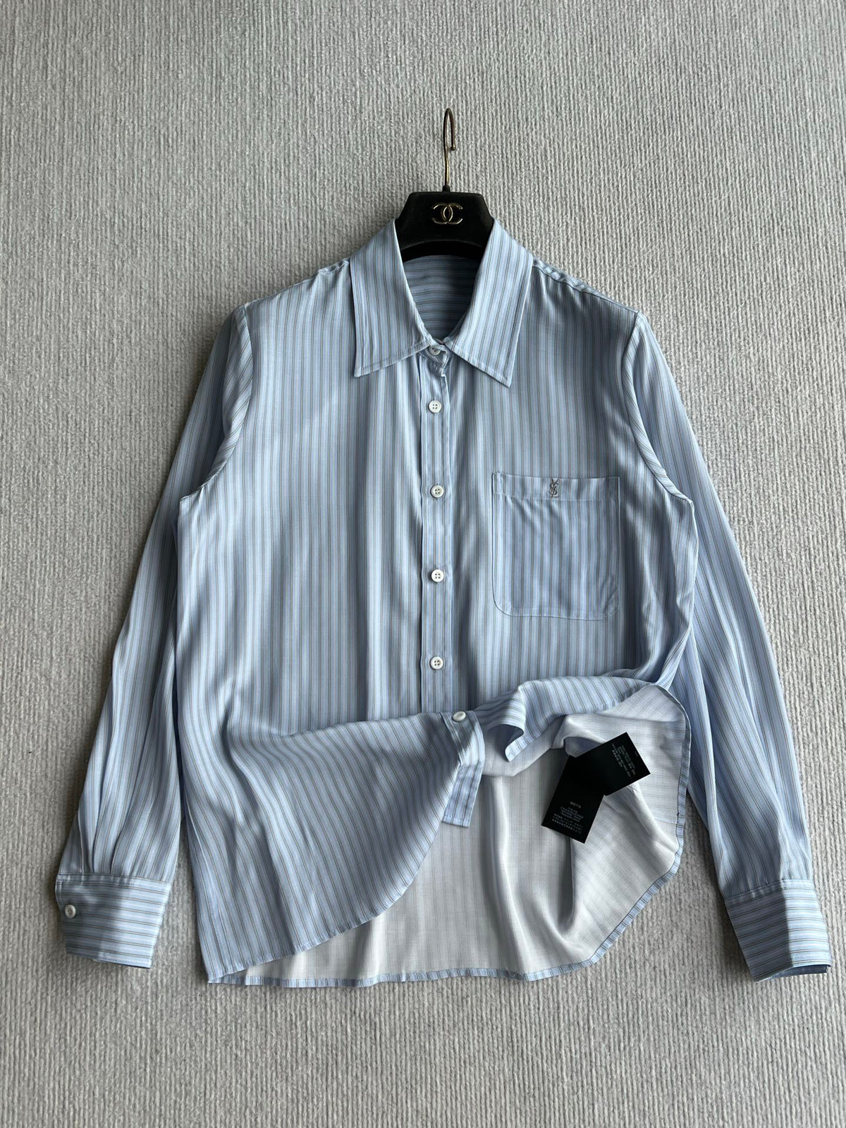 YSL 26s Striped Long Sleeve Shirt Light Blue Silk 434514