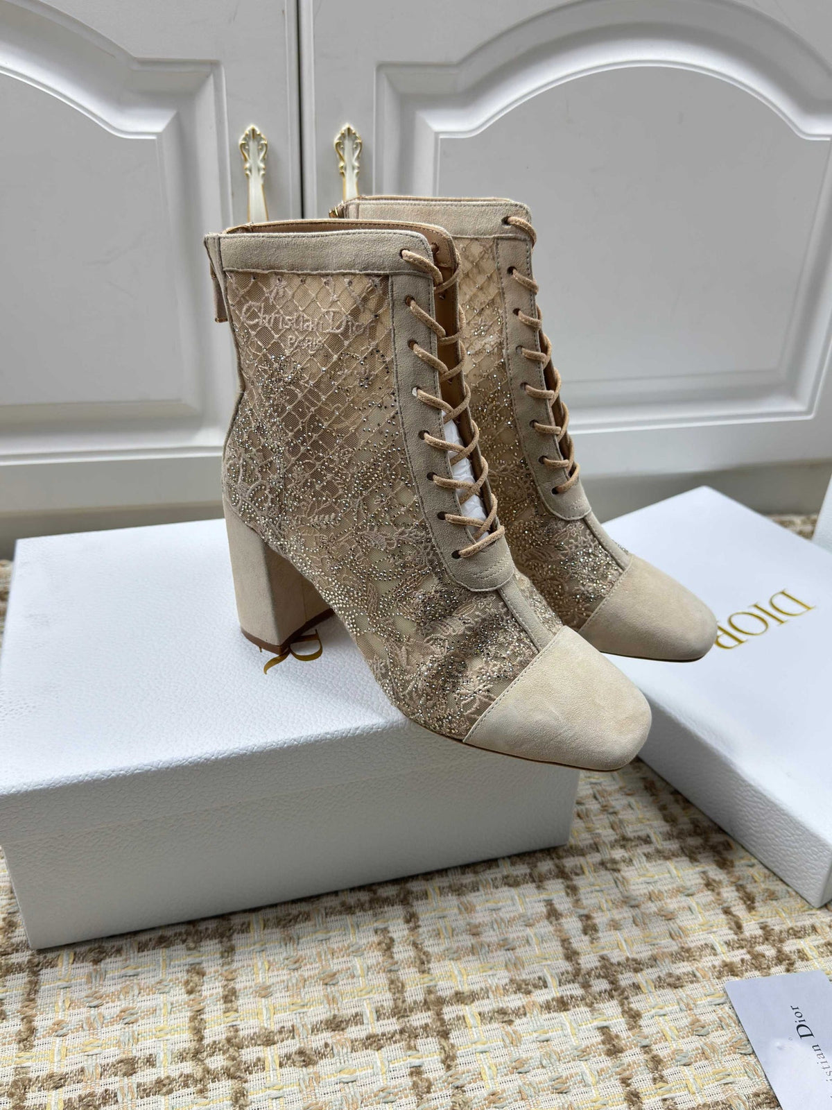 CD 26S Lace Up Ankle Boots 35mm Beige Lace Suede Block Heel