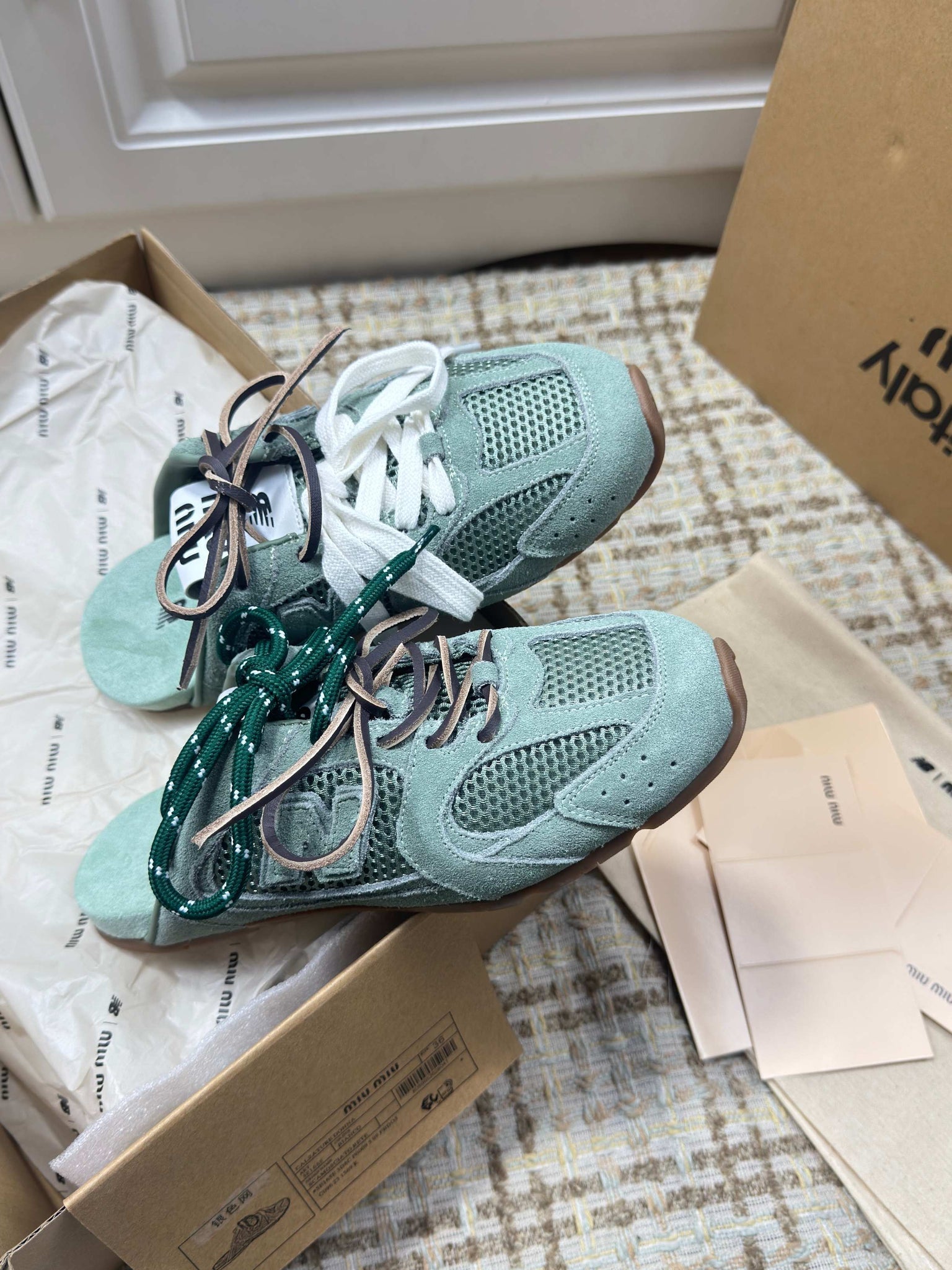 Miumiu 26s New Balance Sneaker Mules In Mint Green Suede And Mesh