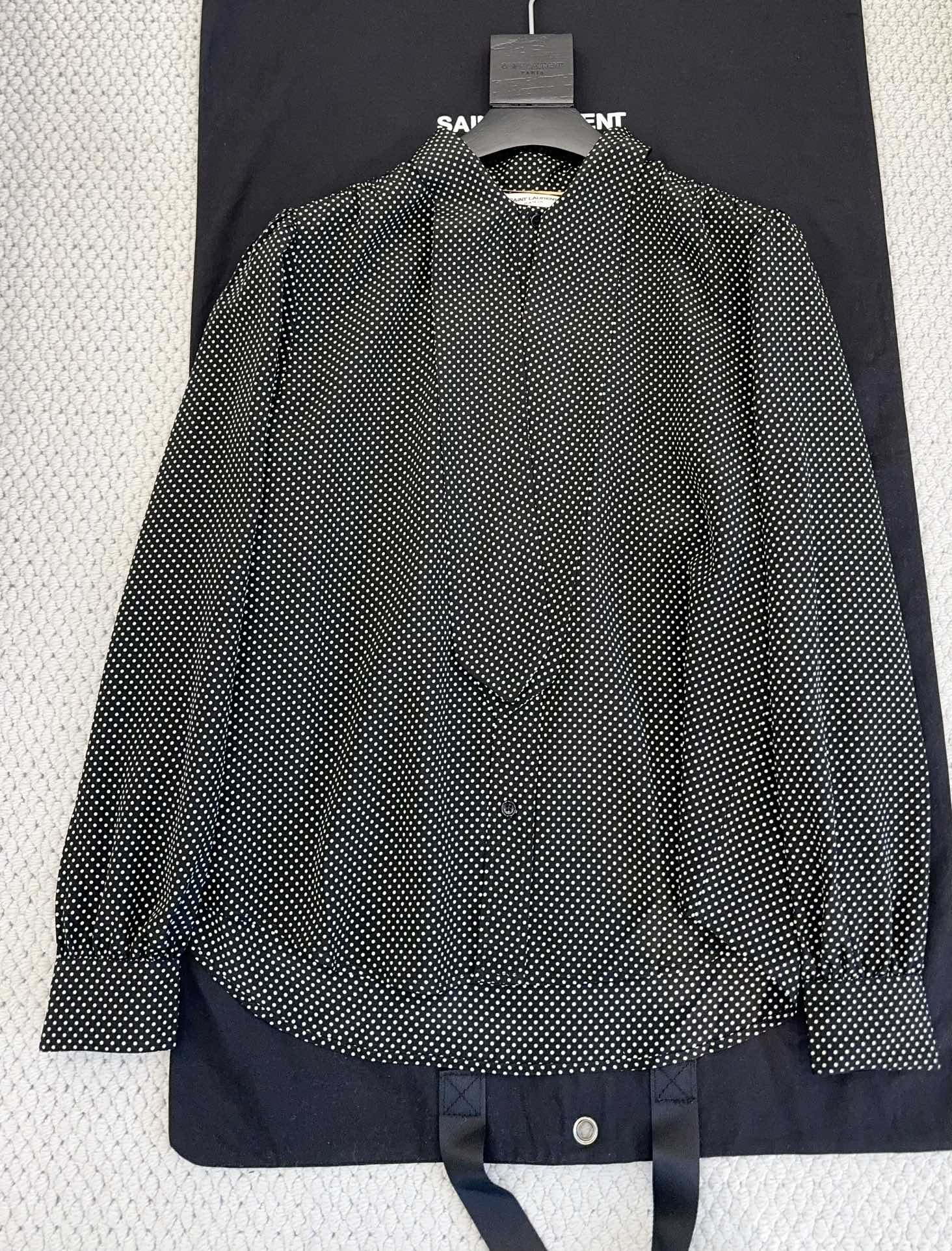 YSL 2025 Polka Dot Shirt Black mix White Silk