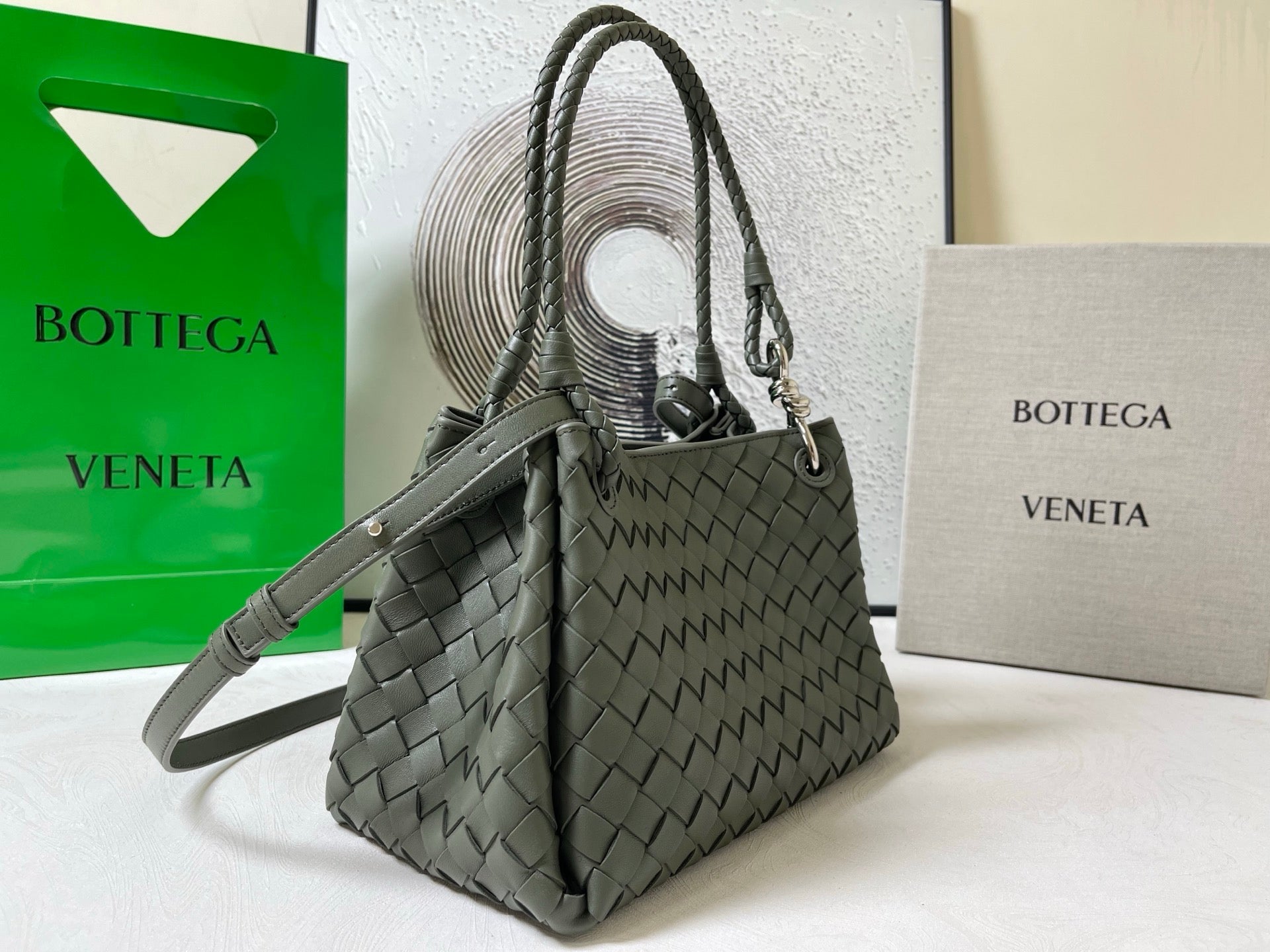 BV Small Parachute 20cm Olive Intrecciato  Leather