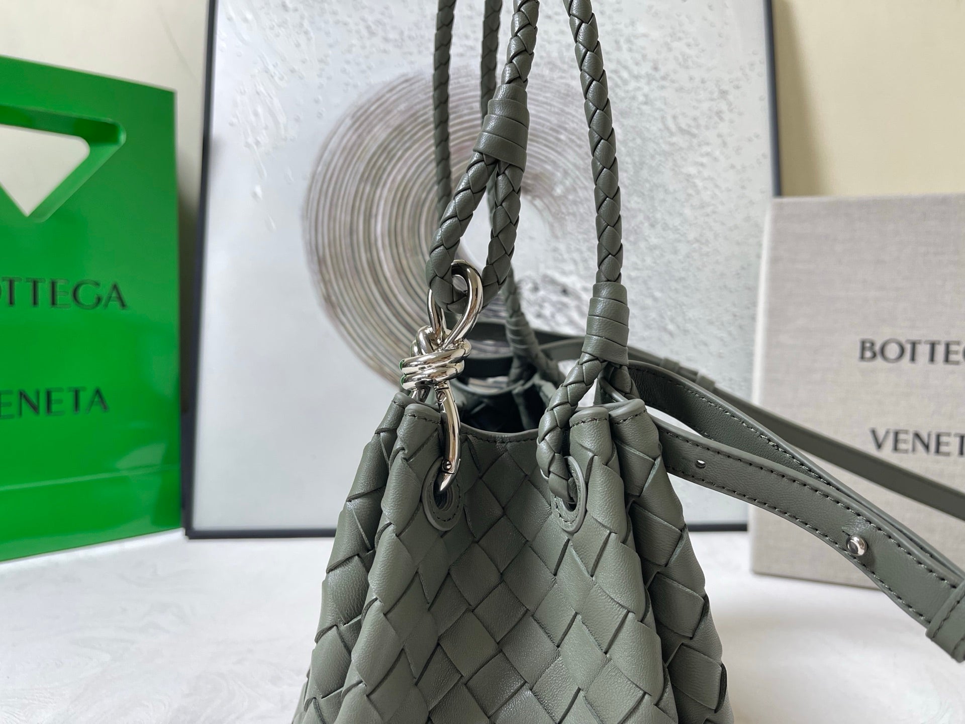 BV Small Parachute 20cm Olive Intrecciato  Leather