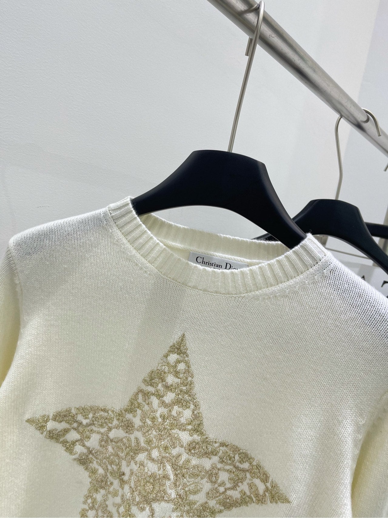 CD 26s Sweater with Gold Thread Star Embroidery Off White Wool 417298