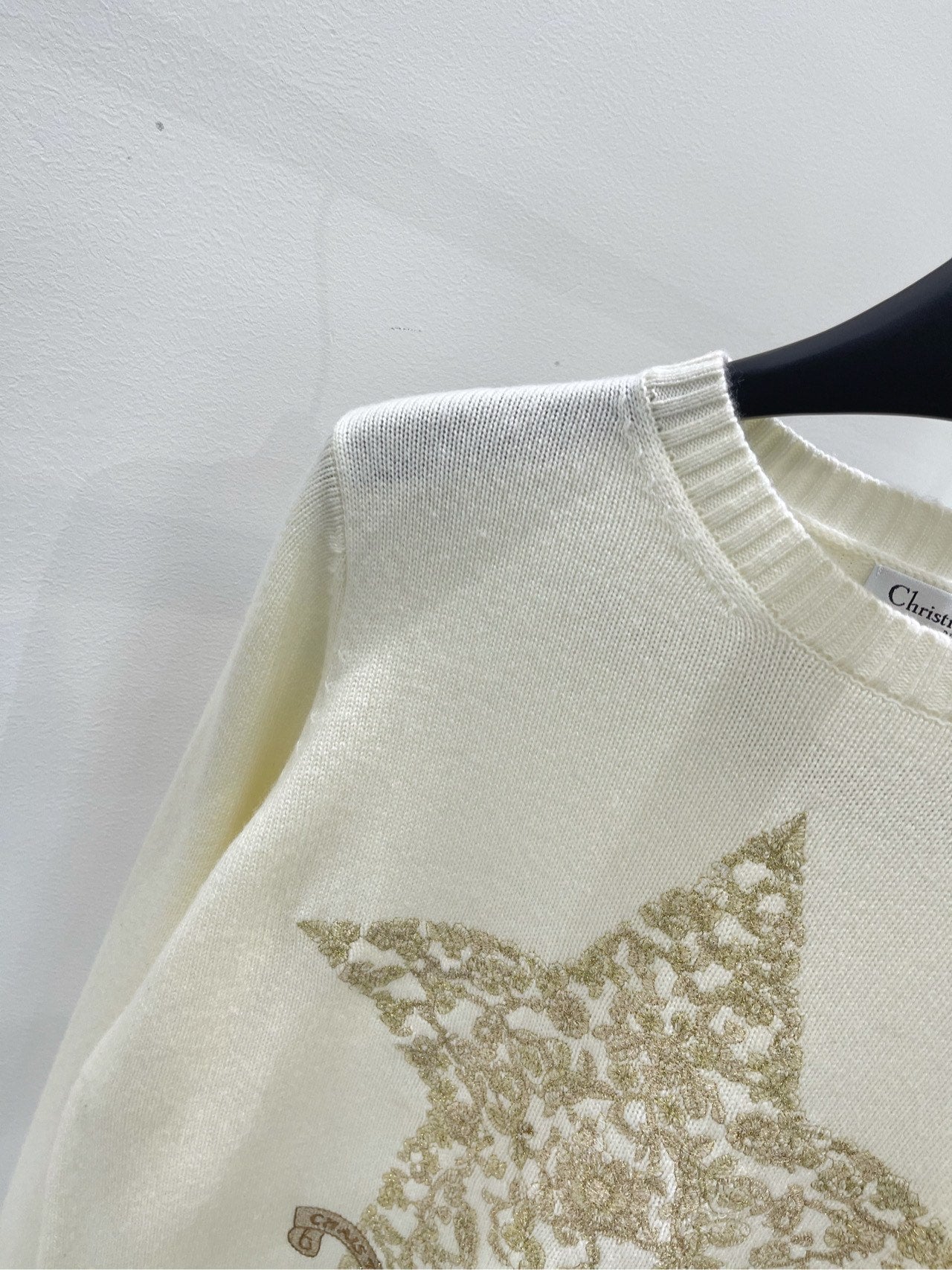 CD 26s Sweater with Gold Thread Star Embroidery Off White Wool 417298