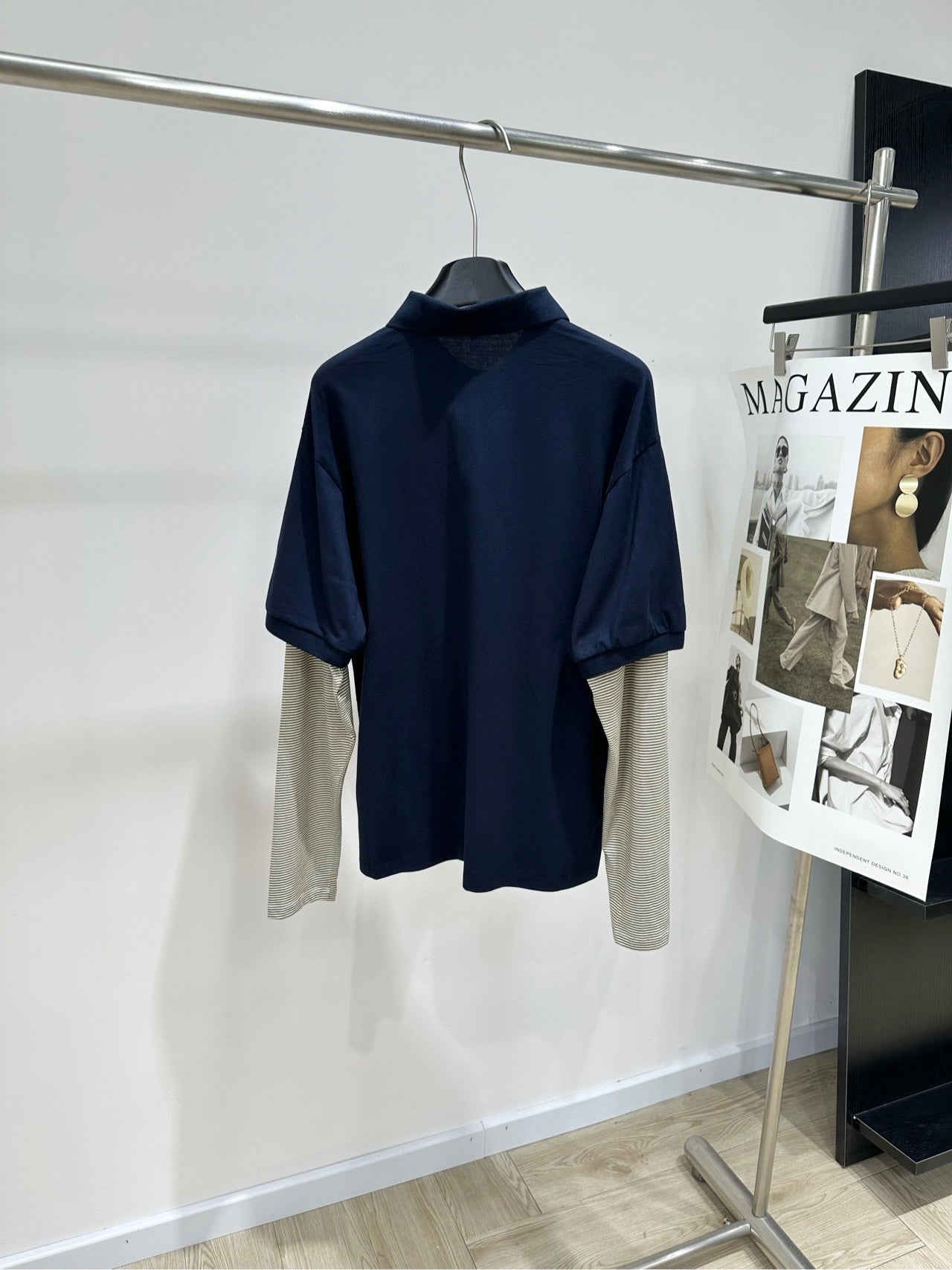 Miu 26s Striped Faux Two-Piece Polo Collar Long-Sleeve T-Shirt Navy Blue 410027