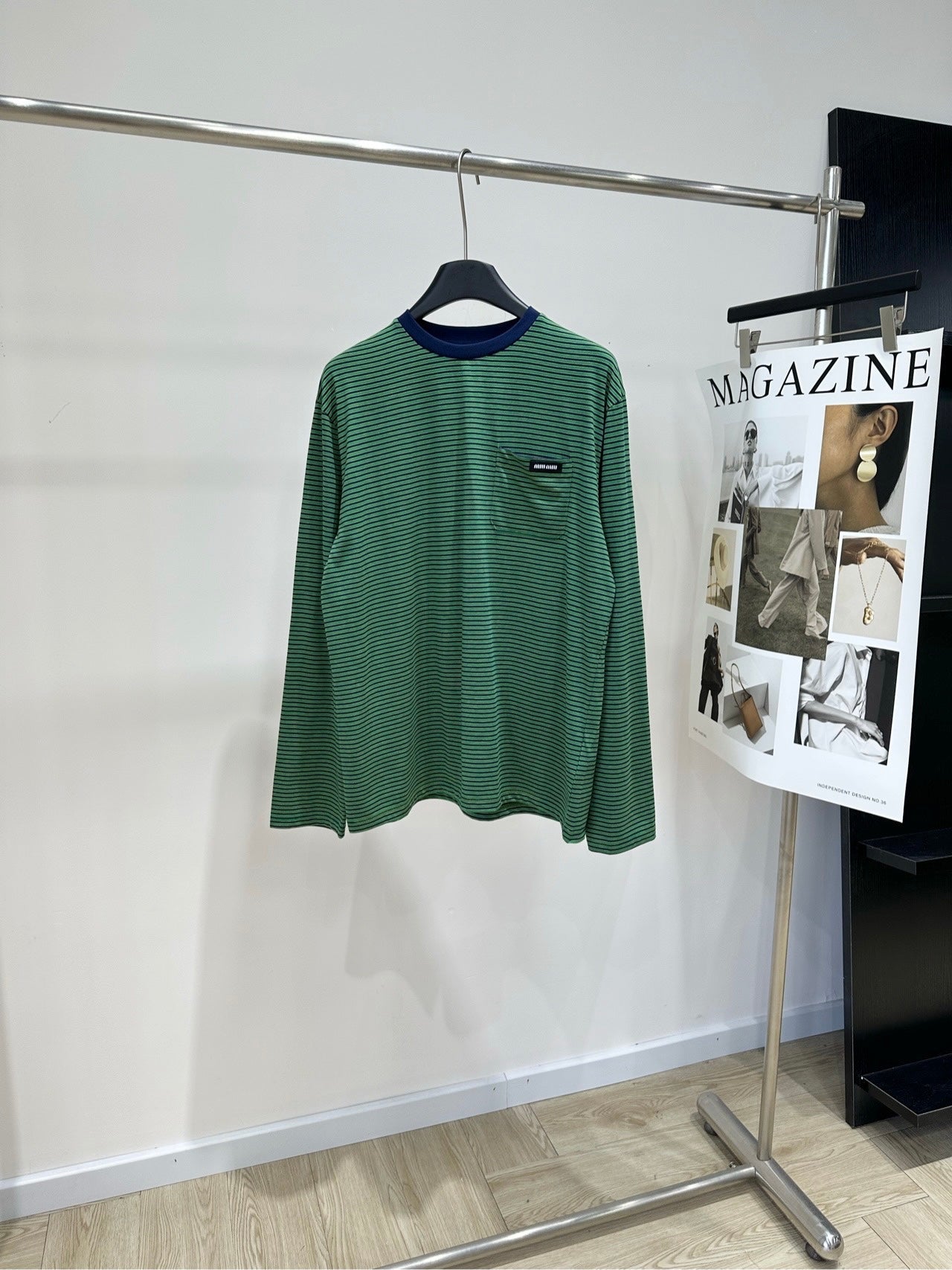 Miu 26s Green Striped Long-Sleeve T-Shirt Cotton 409864