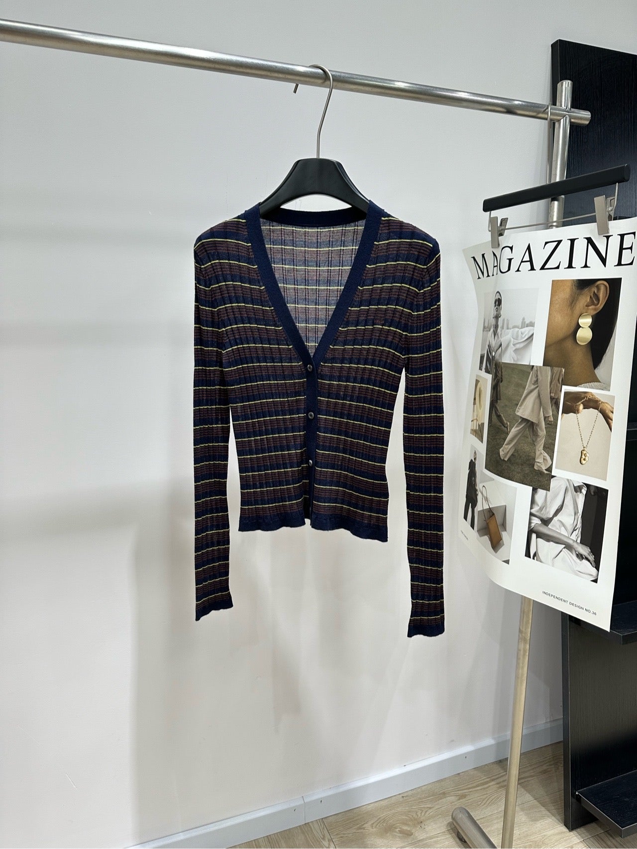 Prada 26s Pin Striped V-Neck Long-Sleeve Cardigan Navy Blue Brown Cashmere 417276