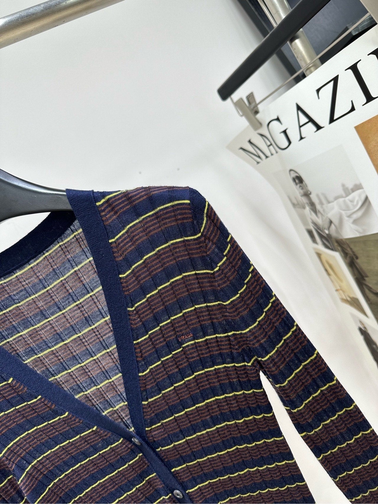 Prada 26s Pin Striped V-Neck Long-Sleeve Cardigan Navy Blue Brown Cashmere 417276