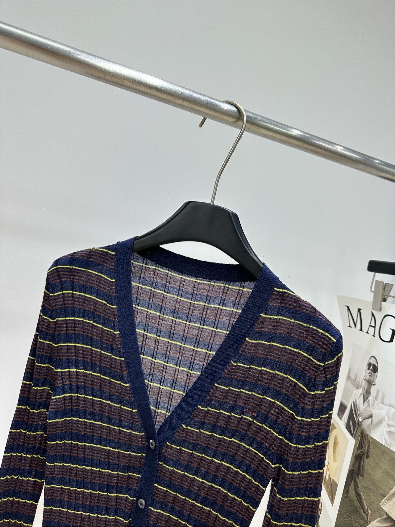 Prada 26s Pin Striped V-Neck Long-Sleeve Cardigan Navy Blue Brown Cashmere 417276
