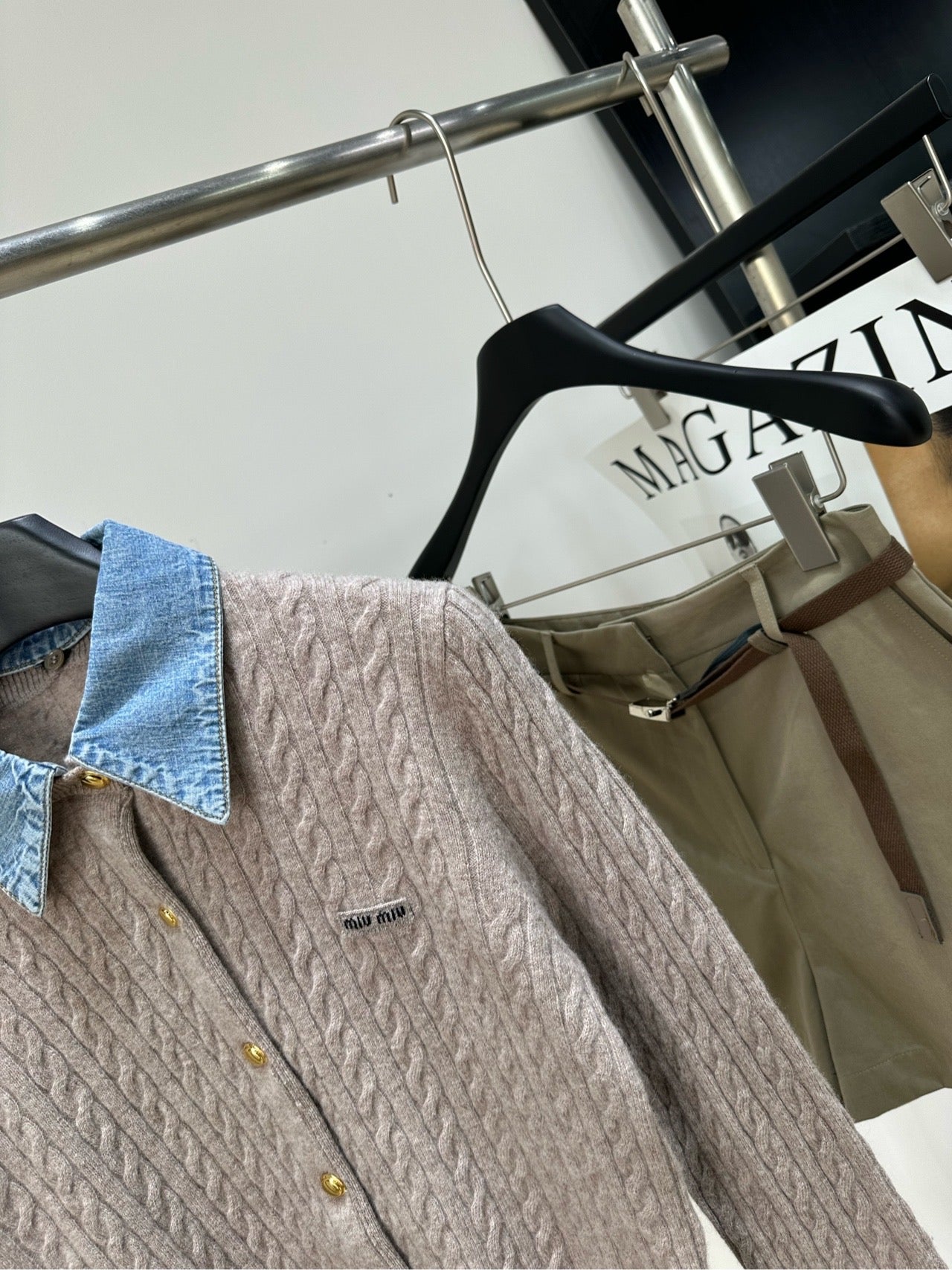 Miu 26s Cable Knit Long-Sleeve Cardigan with Denim Collar Oatmeal Wool 417183
