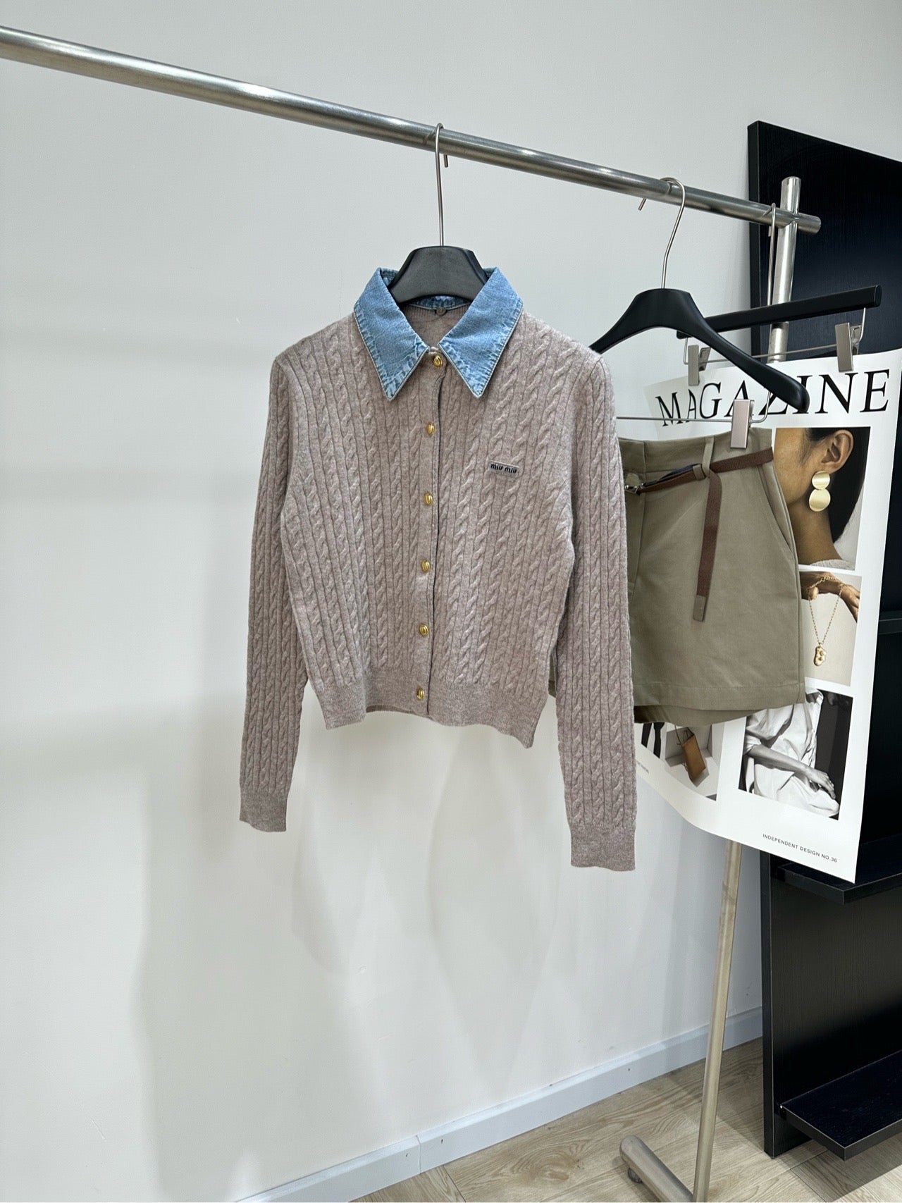 Miu 26s Cable Knit Long-Sleeve Cardigan with Denim Collar Oatmeal Wool 417183