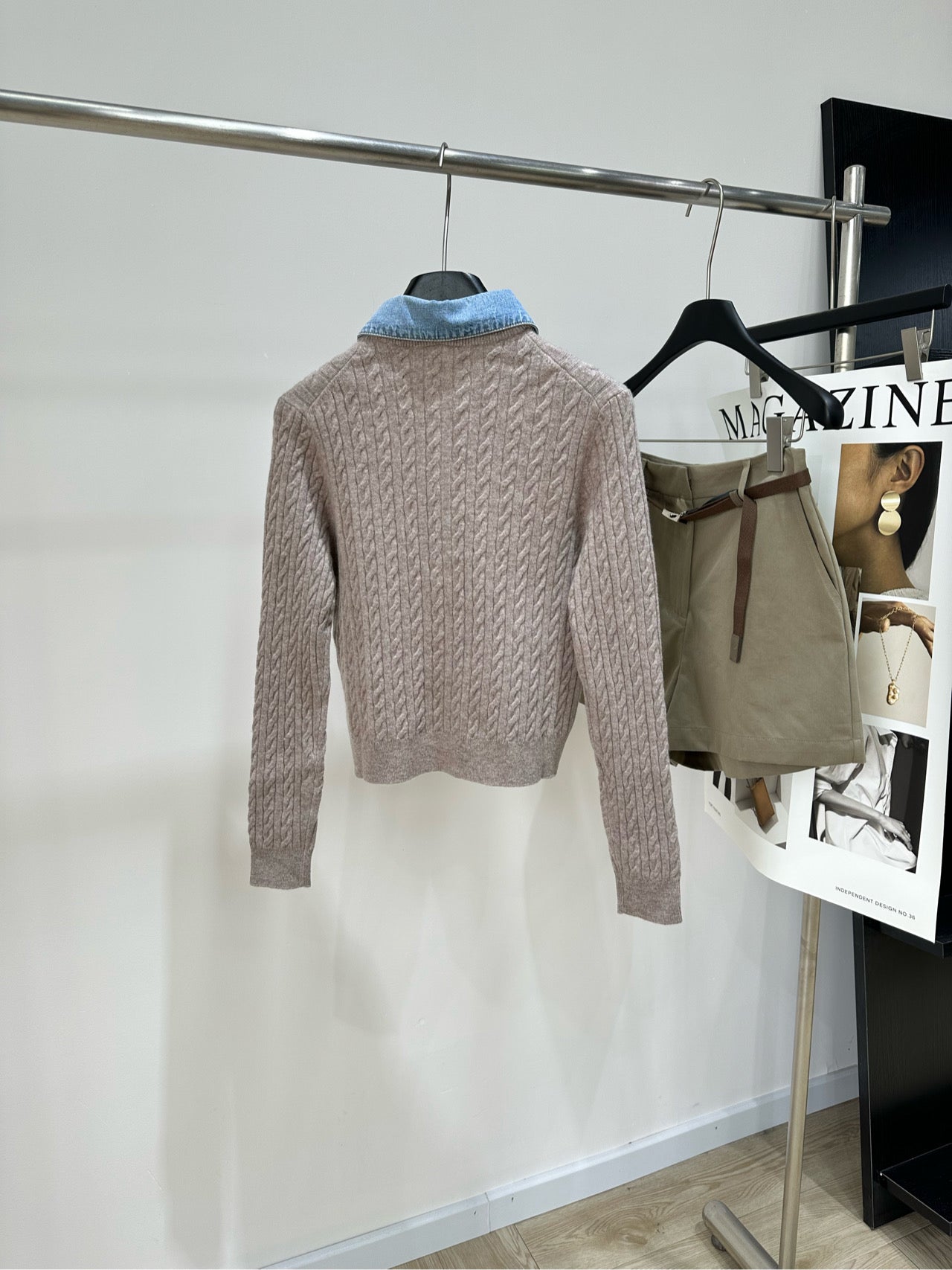 Miu 26s Cable Knit Long-Sleeve Cardigan with Denim Collar Oatmeal Wool 417183