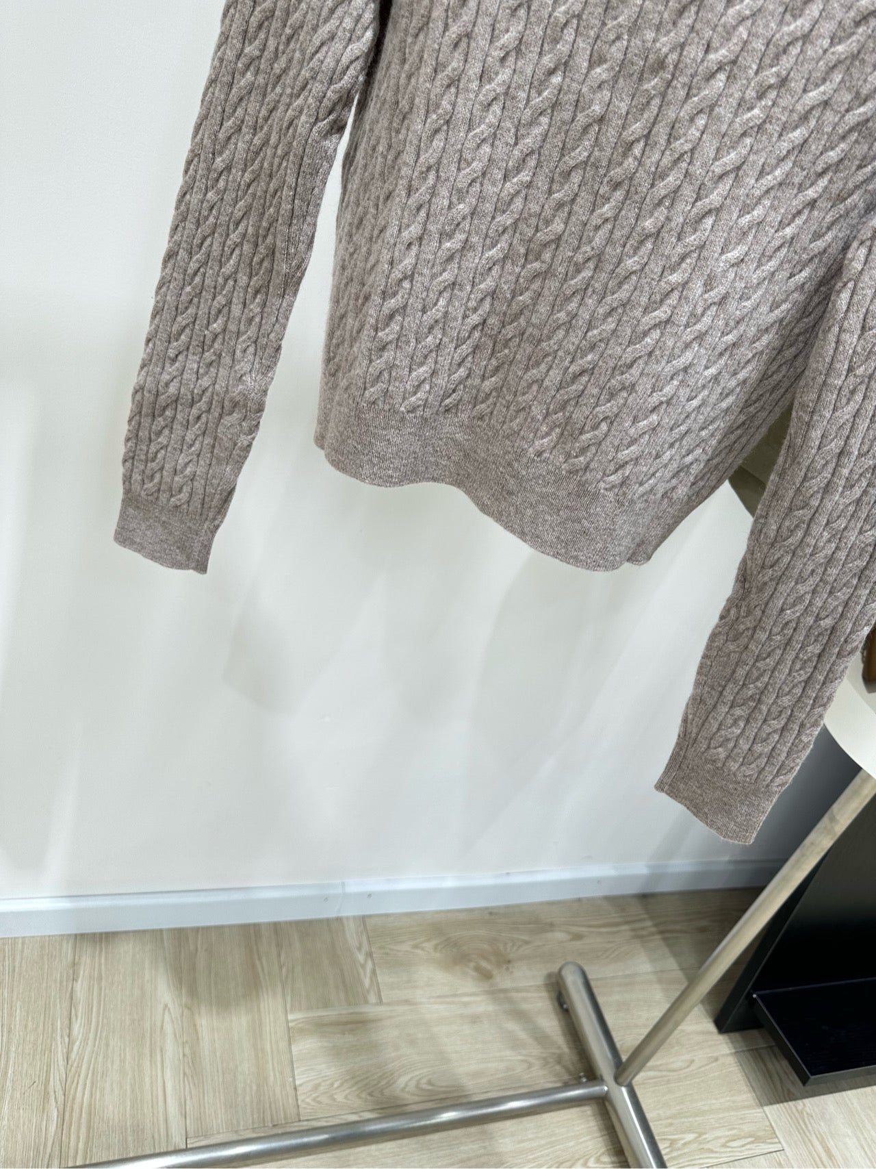 Miu 26s Cable Knit Long-Sleeve Cardigan with Denim Collar Oatmeal Wool 417183